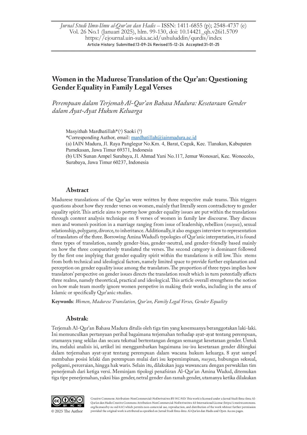 JURIS Women in the Madurese Translation of the Qur an Questioning Gender Equality in Family Legal Verses
