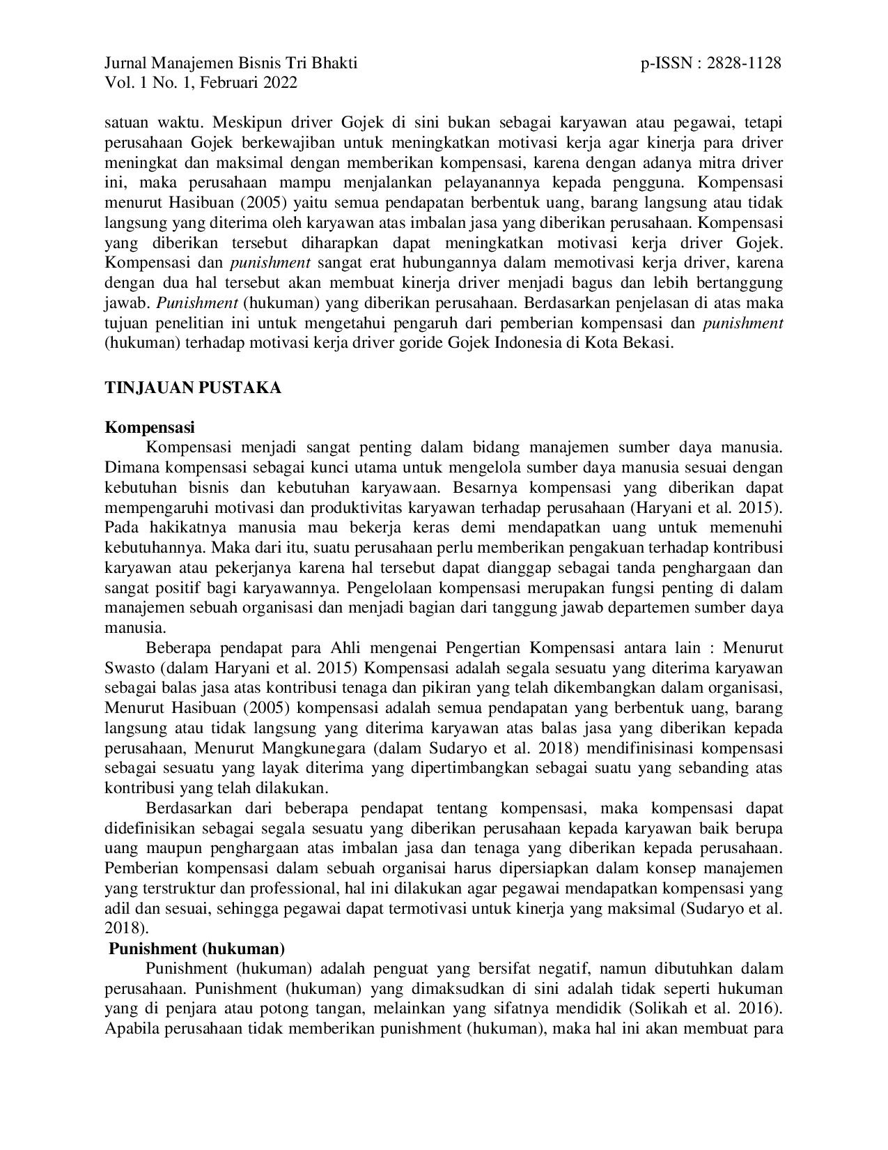 JURIS Pengaruh Kompensasi dan Punishment Terhadap Kinerja Driver Goride Pada Gojek Indonesia Di Kota Bekasi