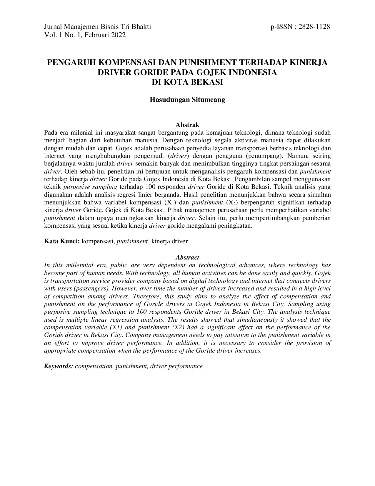 JURIS Pengaruh Kompensasi dan Punishment Terhadap Kinerja Driver Goride Pada Gojek Indonesia Di Kota Bekasi