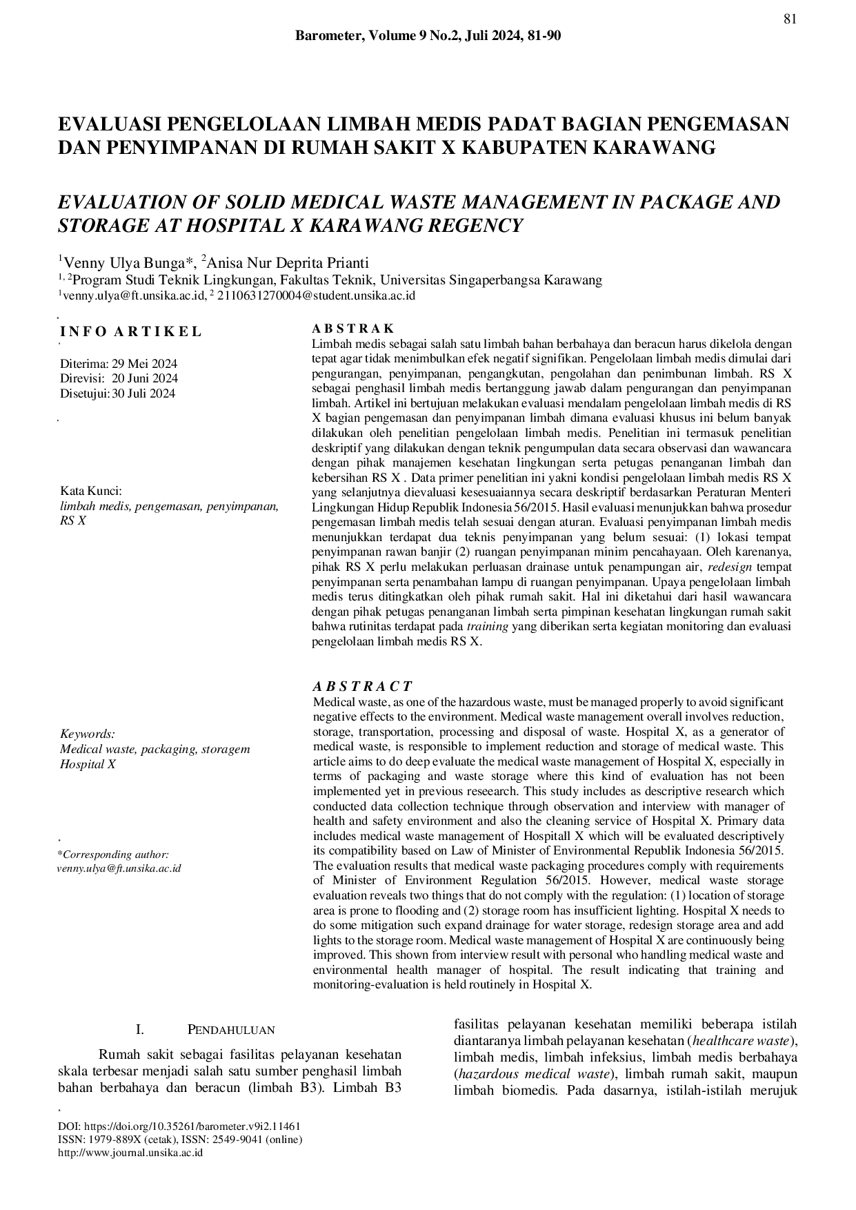 JURIS Evaluasi Pengelolaan Limbah Medis Padat Bagian Pengemasan dan Penyimpanan di Rumah Sakit X Kabupaten Karawang