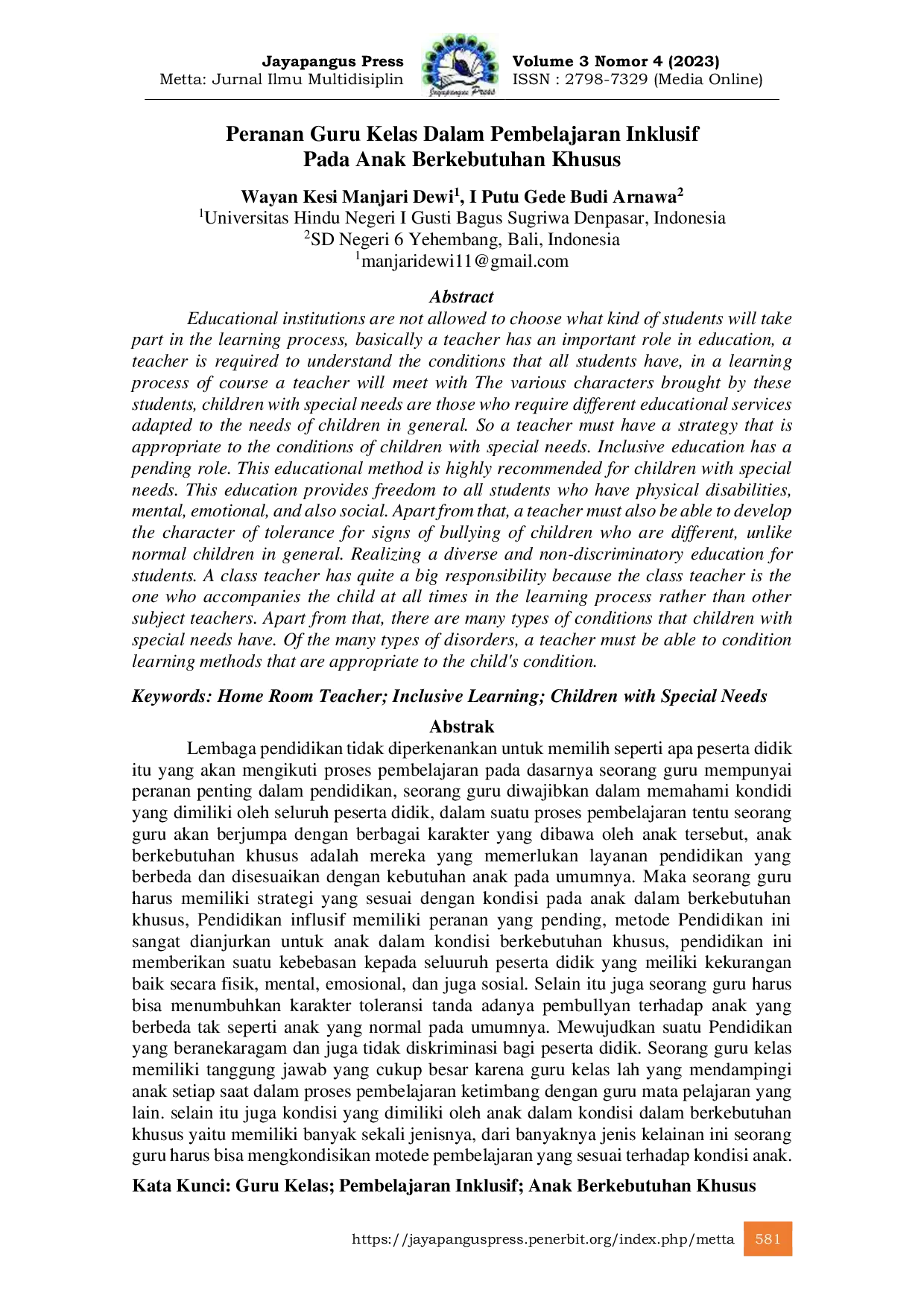 JURIS Peranan Guru Kelas Dalam Pembelajaran Inklusif Pada Anak Berkebutuhan Khusus