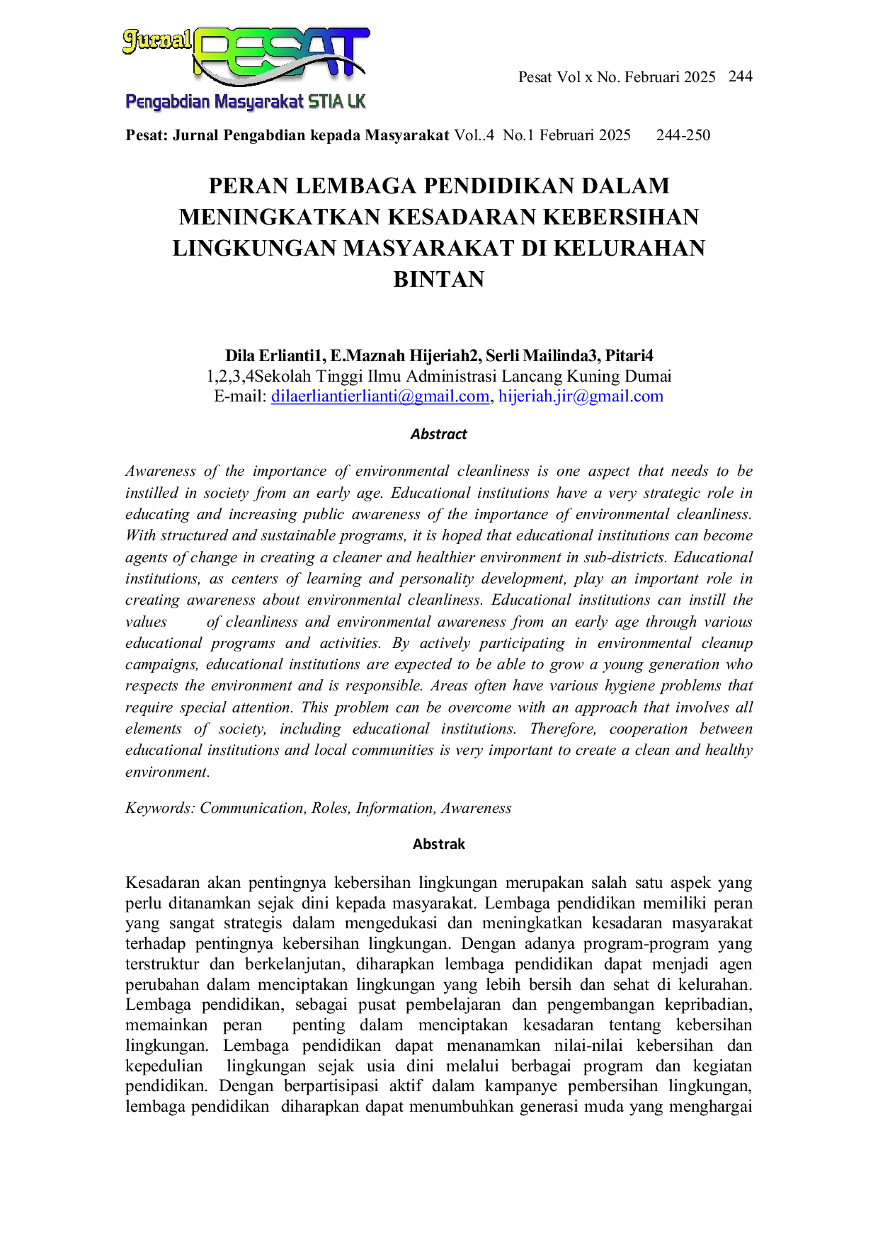 JURIS Peran Lembaga Pendidikan Dalam Meningkatkan Kesadaran Kebersihan Lingkungan Masyarakat di Kelurahan Bintan