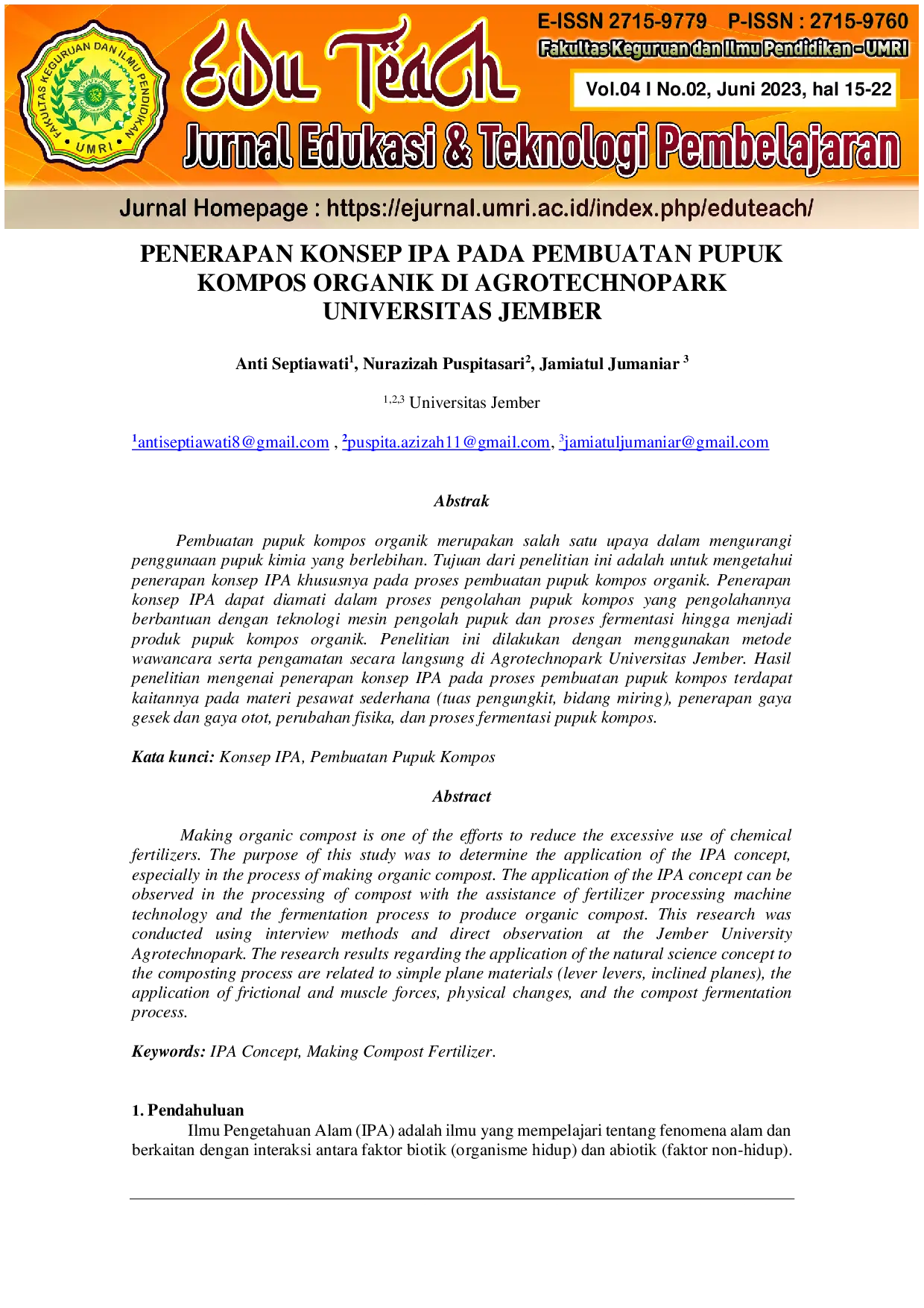 JURIS Application of IPA Concepts in the Production of Organic Compost in Agrotechnopark University of Jember