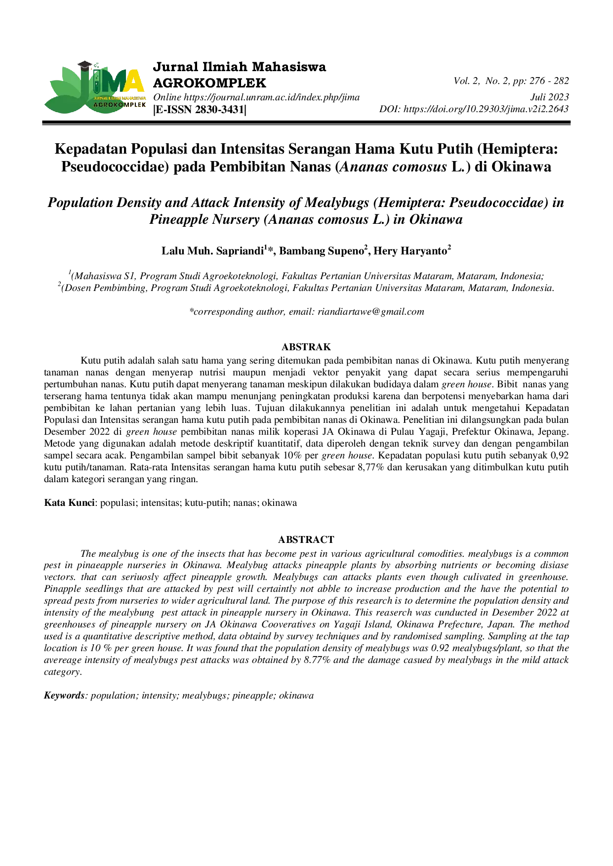 JURIS Kepadatan Populasi dan Intensitas Serangan Hama Kutu Putih Hemiptera Pseudococcidae pada Pembibitan Nanas Ananas comosus L di Okinawa