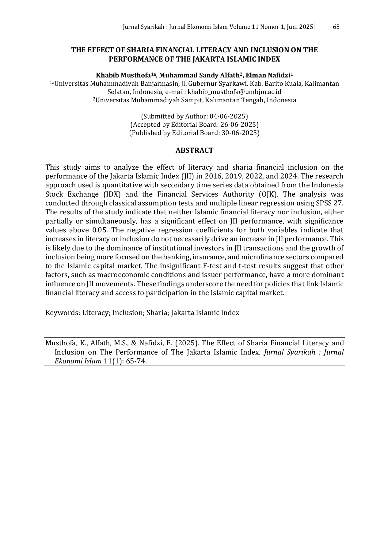 JURIS The Effect of Sharia Financial Literacy and Inclusion on The Performance of The Jakarta Islamic Index