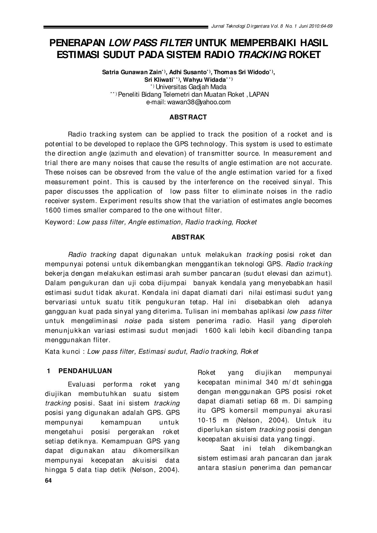juris Penerapan Low Pass Filter untuk Memperbaiki Hasil Estimasi Sudut pada Sistem Radio Tracking Roket