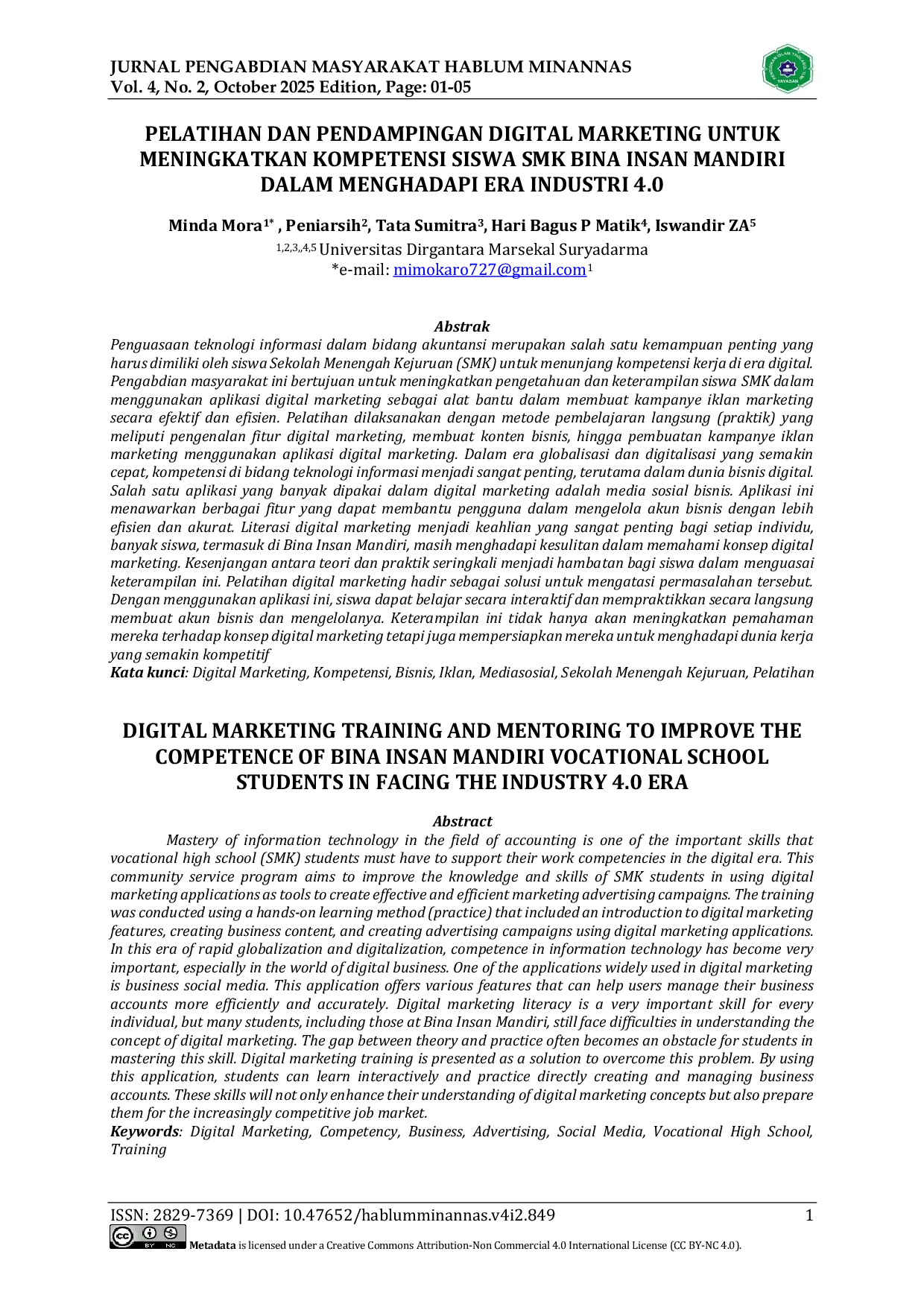 JURIS Pelatihan dan Pendampingan Digital Marketing untuk Meningkatkan Kompetensi Siswa SMK Bina Insan Mandiri dalam Menghadapi Era Industri 4 0