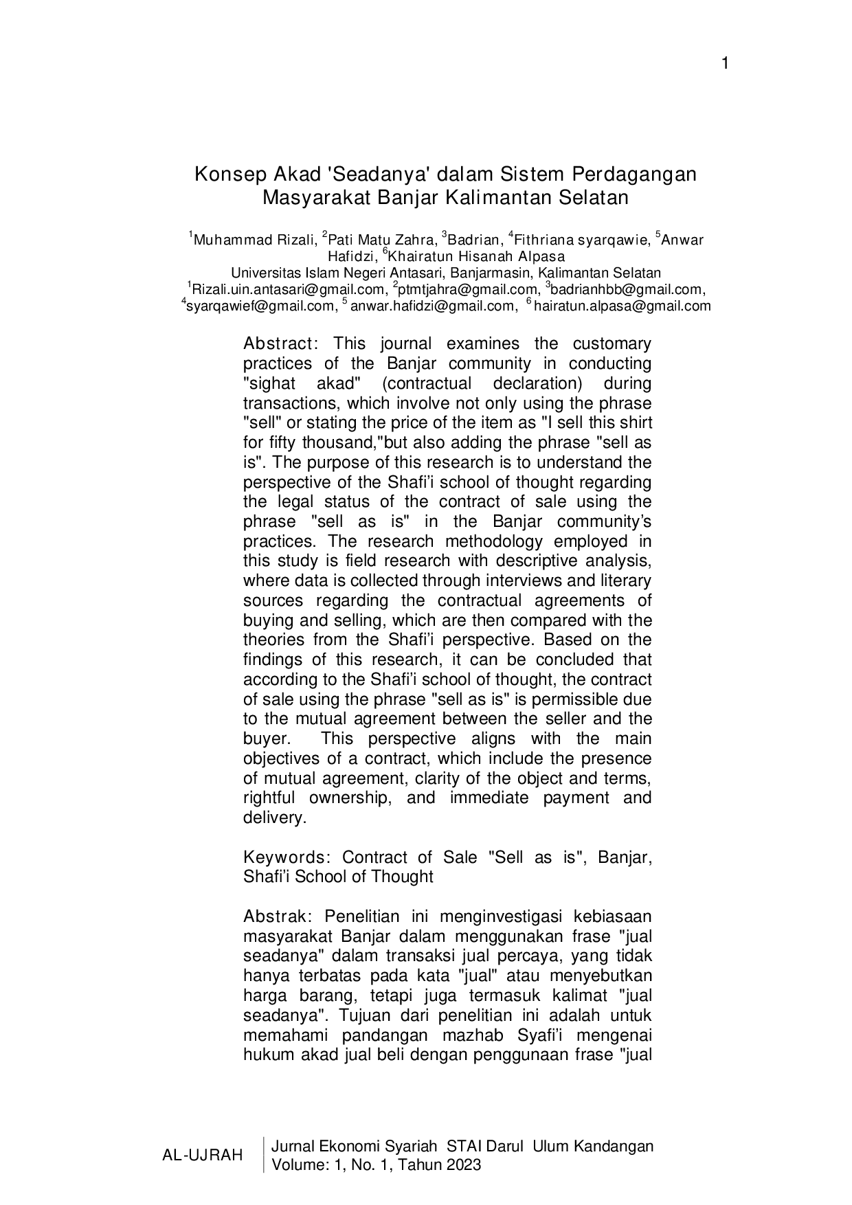 JURIS Konsep Akad Seadanya dalam Sistem Perdagangan Masyarakat Banjar Kalimantan Selatan