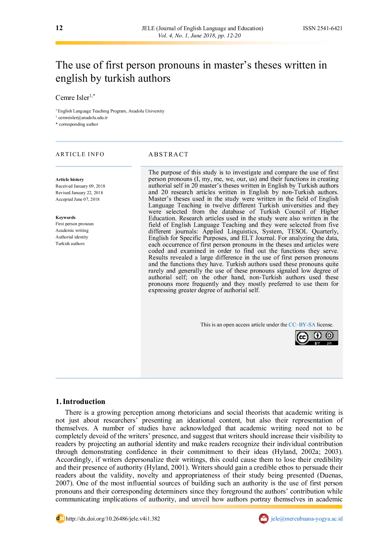 JURIS The Use of First Person Pronouns in Master s Theses Written in English by Turkish Authors