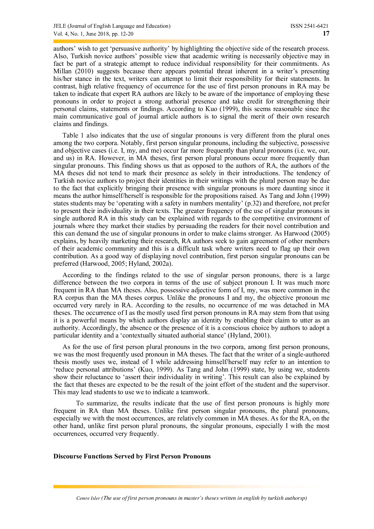 JURIS The Use of First Person Pronouns in Master s Theses Written in English by Turkish Authors