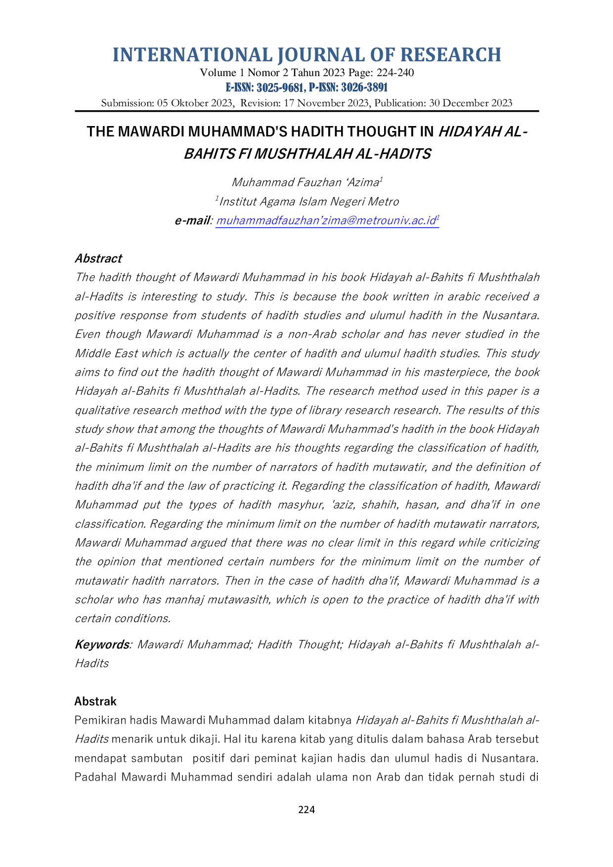 JURIS The Mawardi Muhammad s Hadith Thought in Hidayah Al Bahits fi Mushthalah Al Hadits