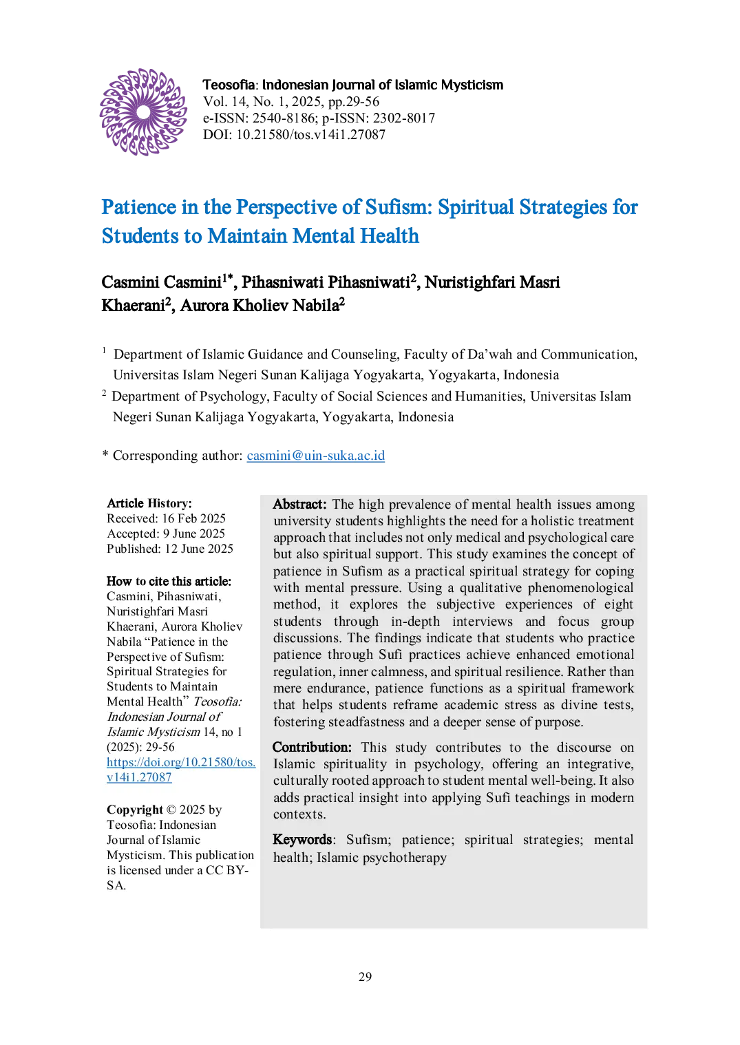 JURIS Patience in the Perspective of Sufism Spiritual Strategies for Students to Maintain Mental Health