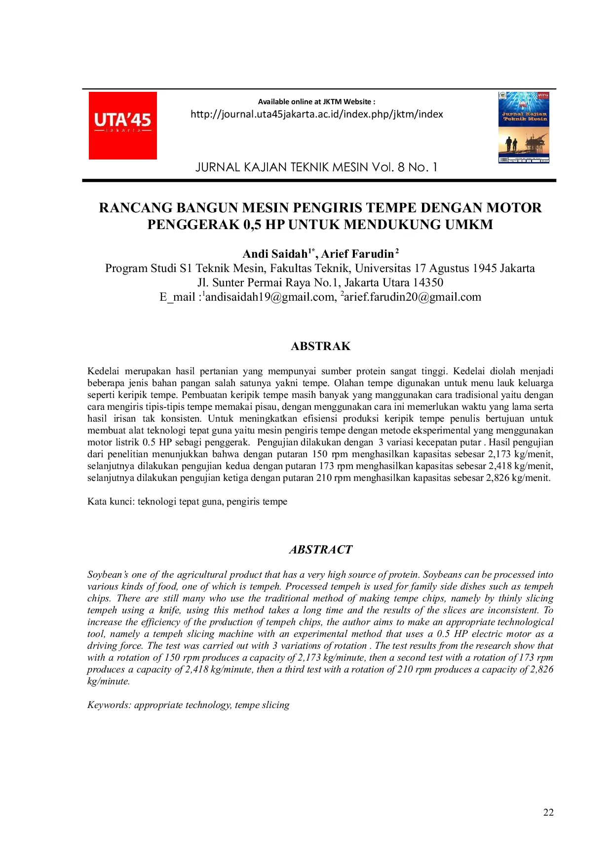 JURIS Rancang Bangun Mesin Pengiris Tempe Dengan Motor Penggerak 0 5 HP Untuk Mendukung Umkm