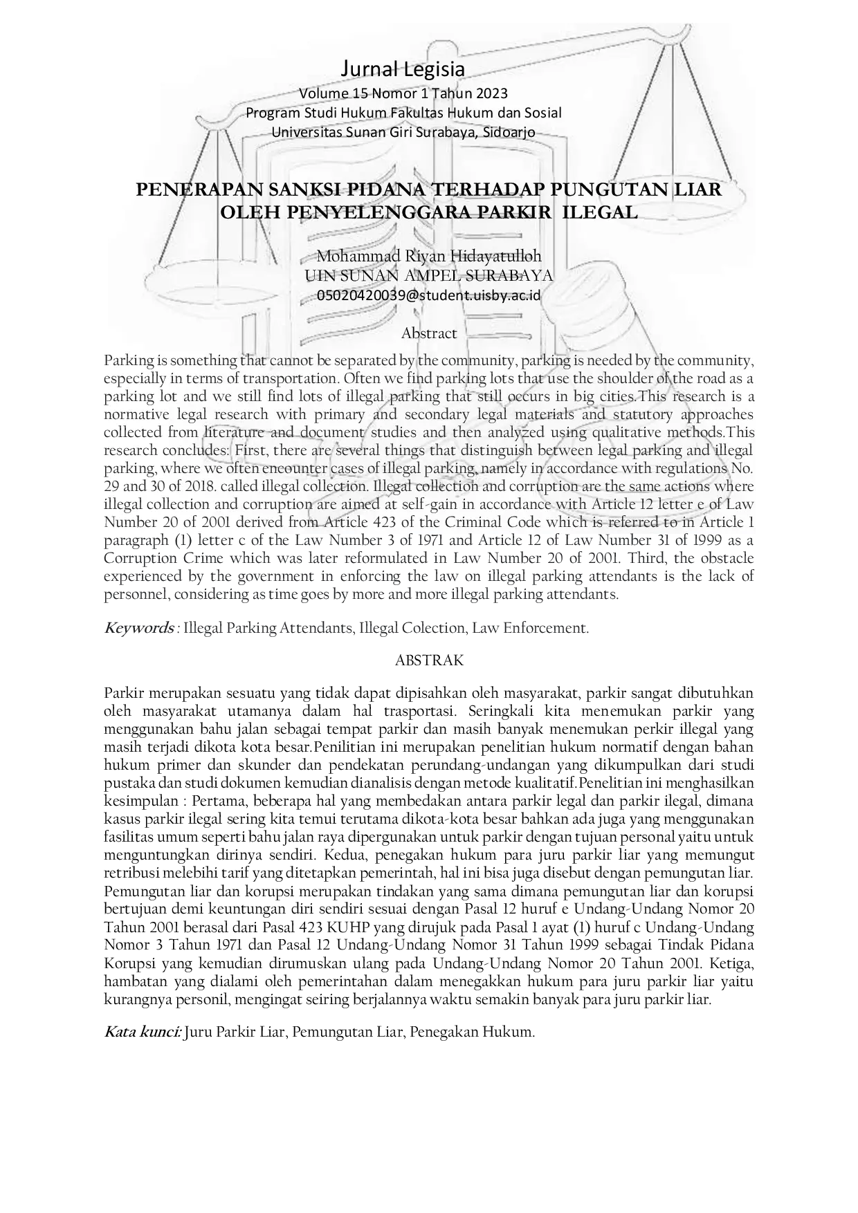 JURIS Penerapan Sanksi Pidana Terhadap Pungutan Liar Oleh Penyelenggara Parkir Ilegal