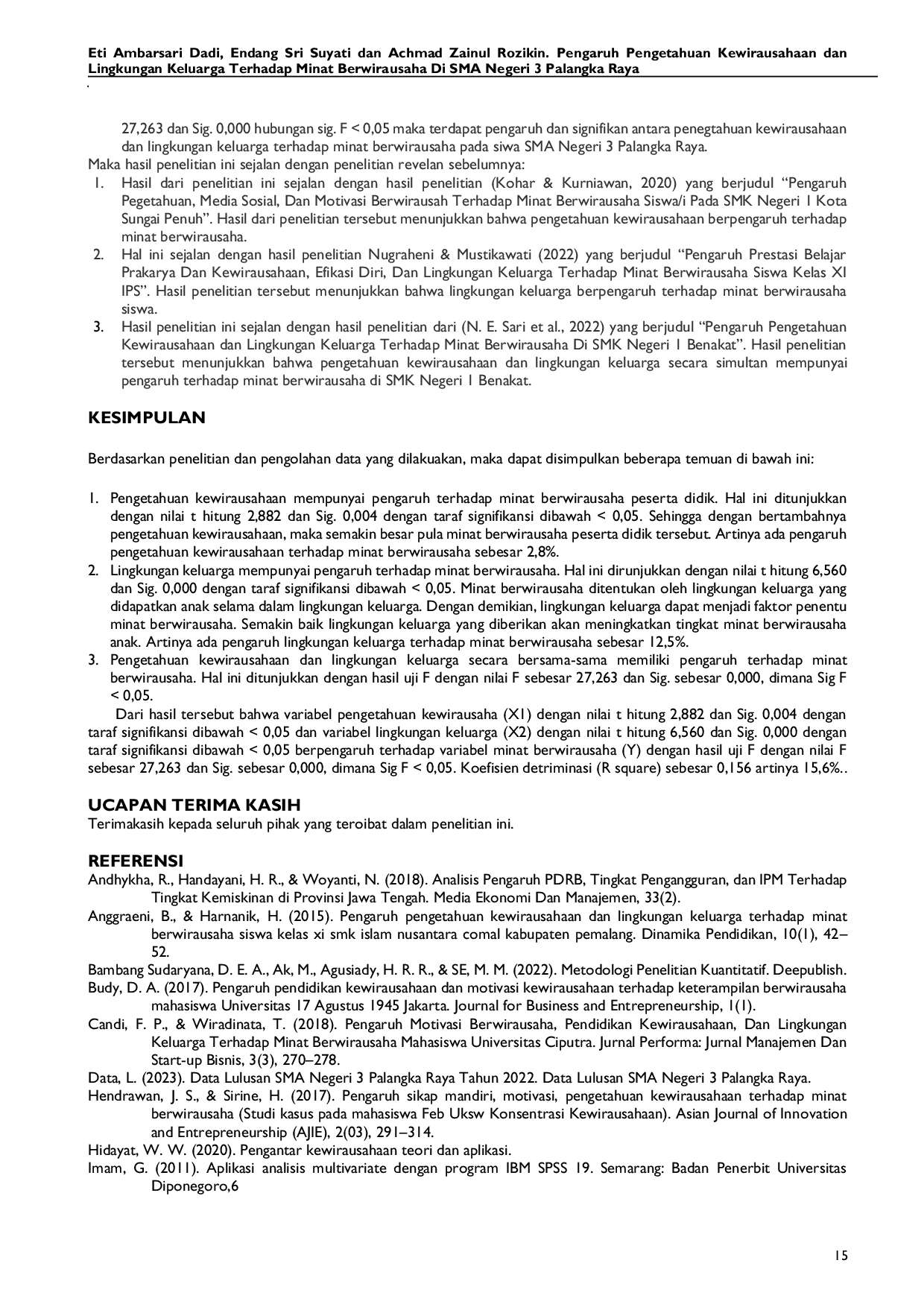 JURIS Pengaruh Pengetahuan Kewirausahaan dan Lingkungan Keluarga Terhadap Minat Berwirausaha di SMA Negeri 3 Palangka Raya