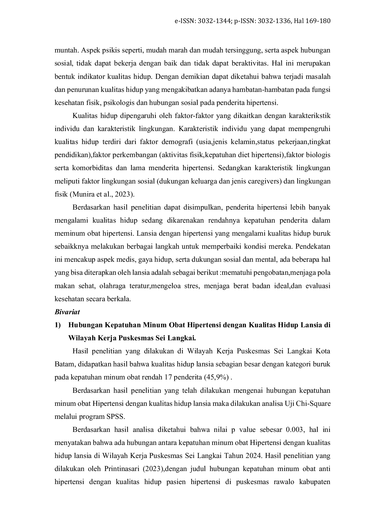 JURIS Hubungan Kepatuhan Minum Obat Hipertensi dengan Kualitas Hidup Lasia di Wilayah Kerja Puskesmas Sei Langkai Kota Batam