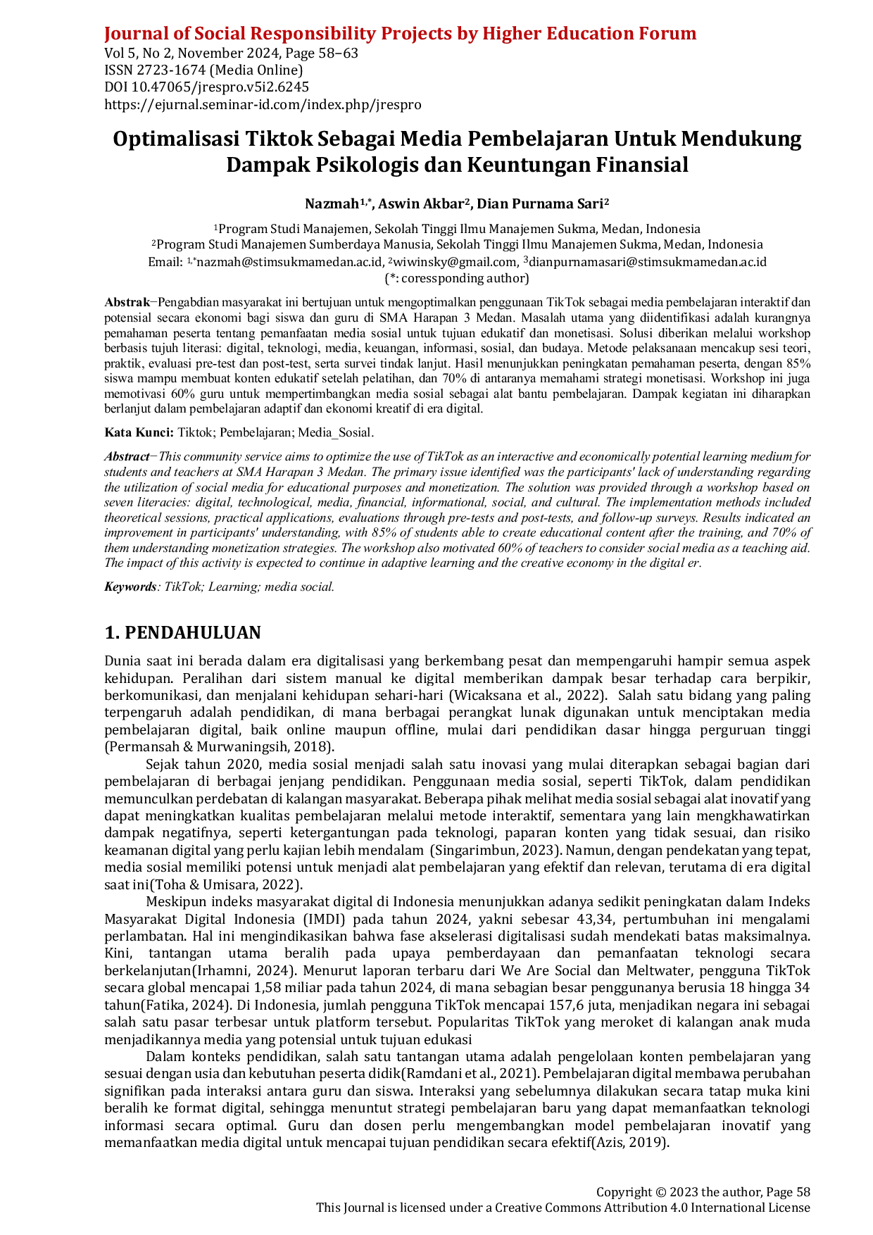 JURIS Optimalisasi Tiktok Sebagai Media Pembelajaran Untuk Mendukung Dampak Psikologis dan Keuntungan Finansial