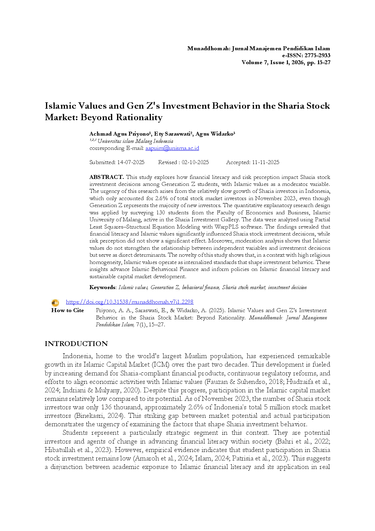juris Islamic Values and Gen Z s Investment Behavior in the Sharia Stock Market Beyond Rationality