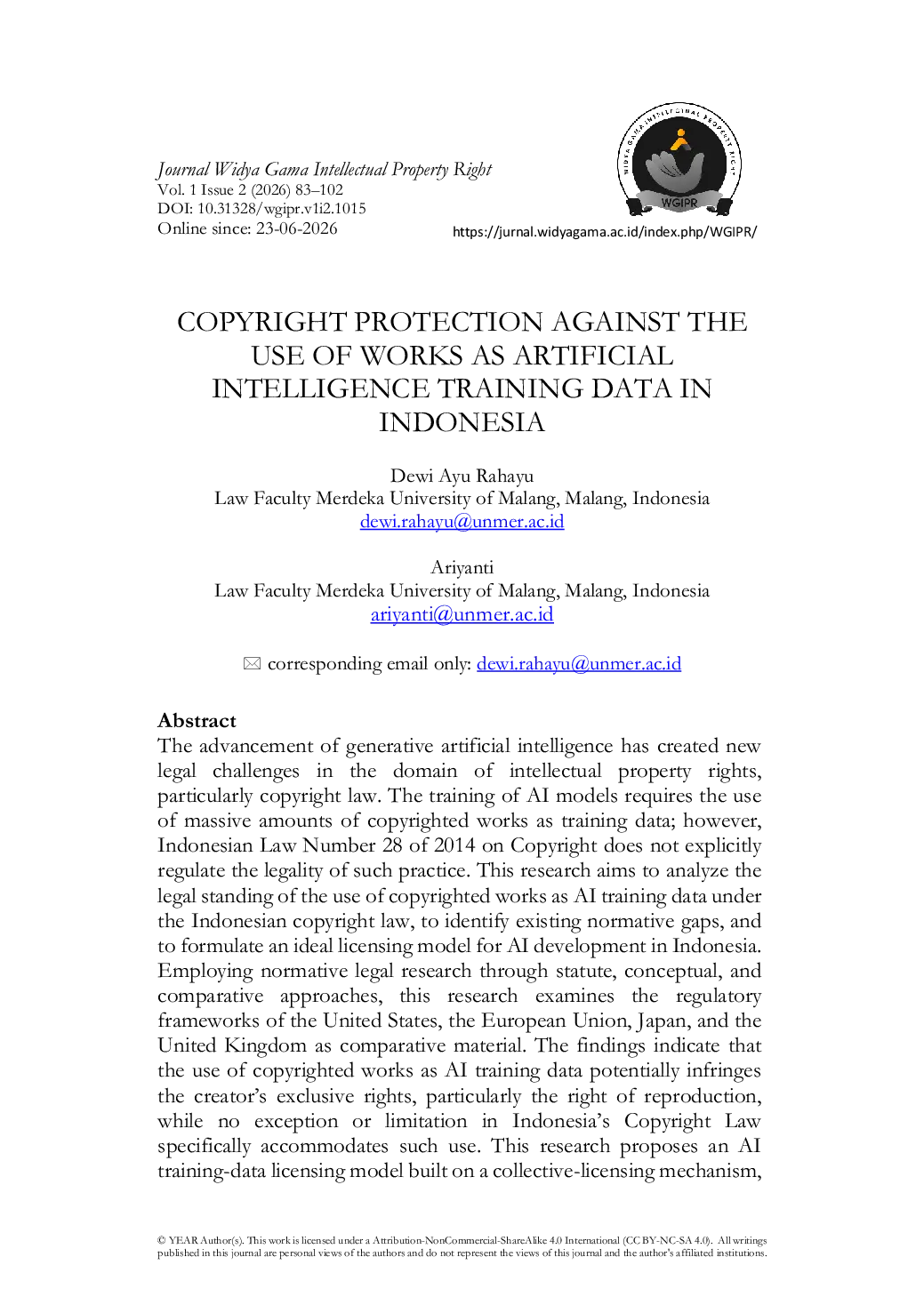 JURIS Copyright Protection Against The Use Of Works As Artificial Intelligence Training Data In Indonesia