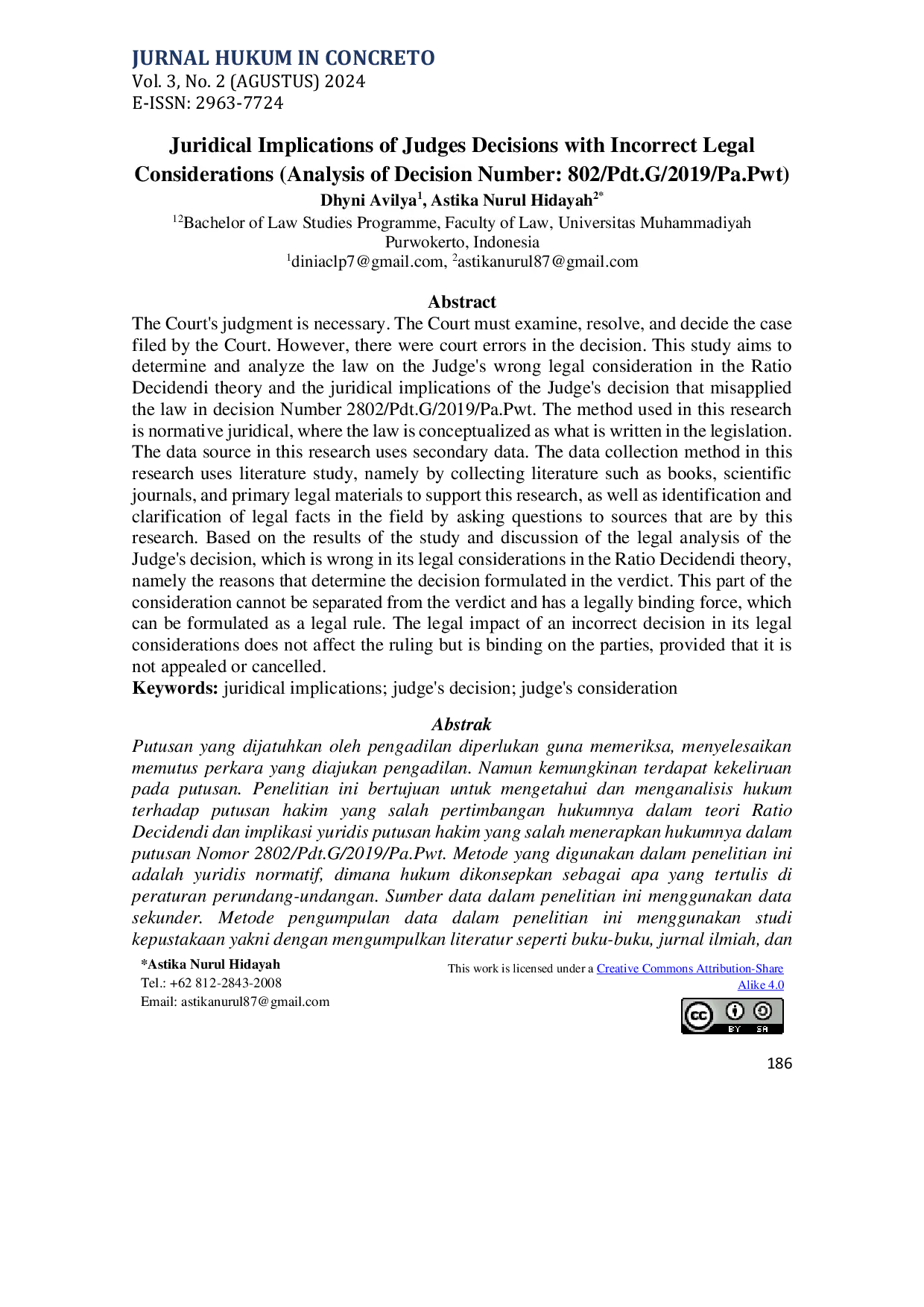 JURIS Juridical Implications of Judges Decisions with Incorrect Legal Considerations Analysis of Decision Number 802 Pdt G 2019 Pa Pwt