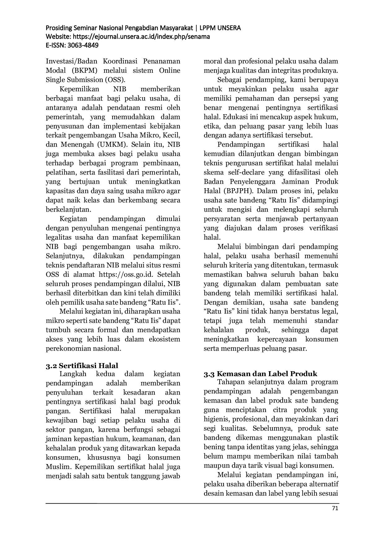 JURIS Pemberdayaan Usaha Mikro Sate Bandeng Ratu Iis melalui Penguatan Legalitas Sertifikasi Halal dan Strategi Pemasaran Digital