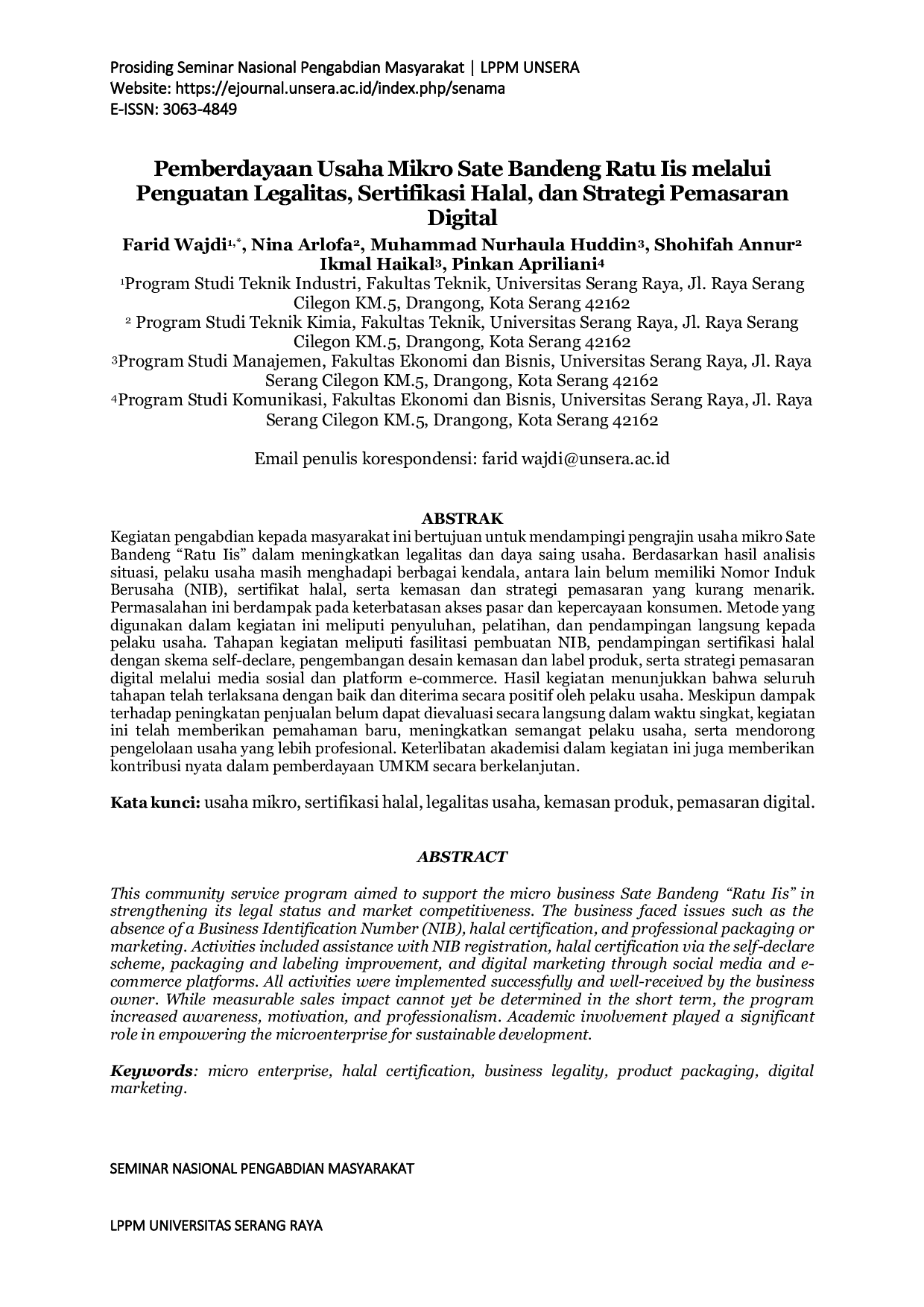 JURIS Pemberdayaan Usaha Mikro Sate Bandeng Ratu Iis melalui Penguatan Legalitas Sertifikasi Halal dan Strategi Pemasaran Digital