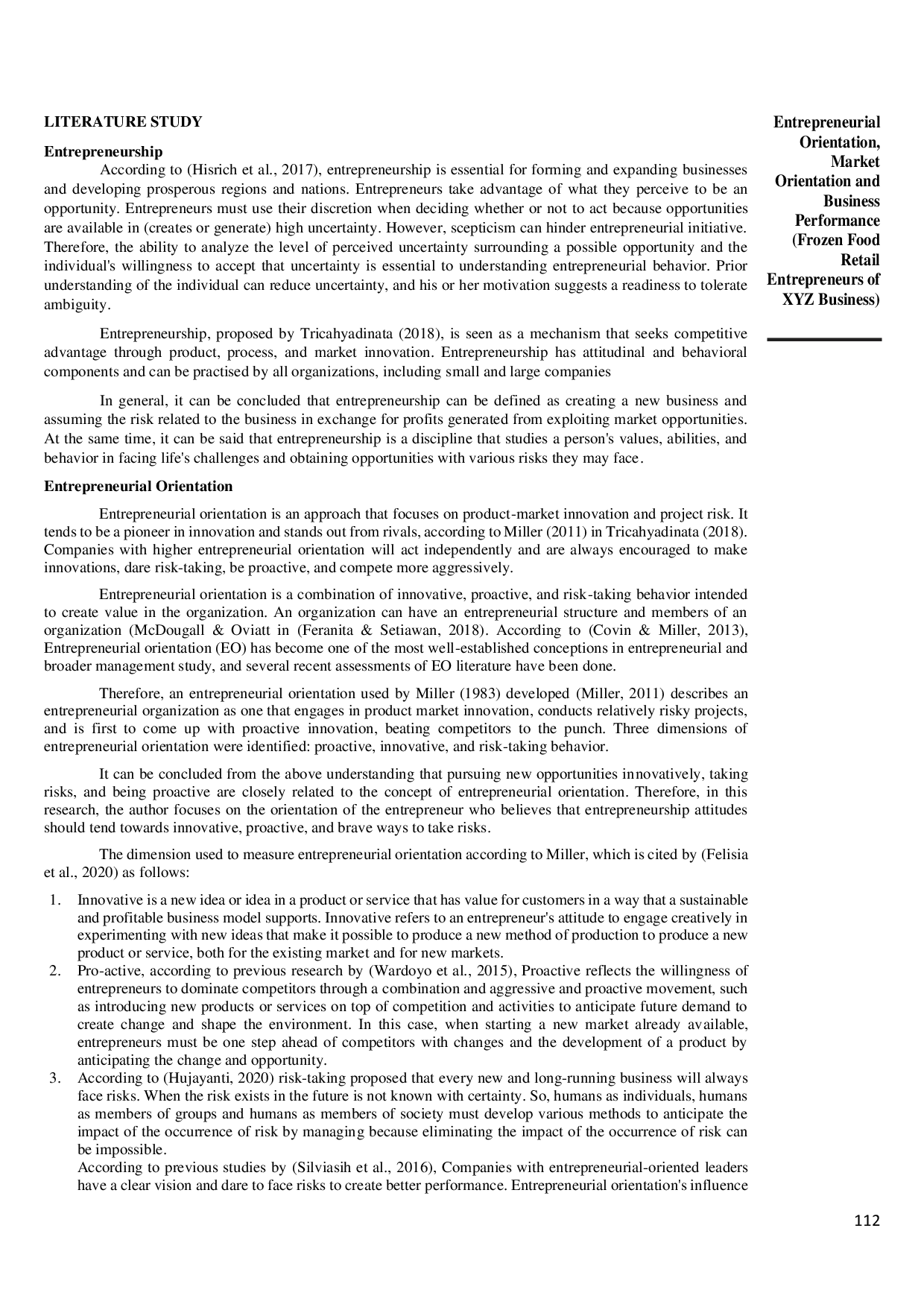 juris Entrepreneurial Orientation Market Orientation and Business Performance Frozen Food Retail Entrepreneurs of XYZ Business