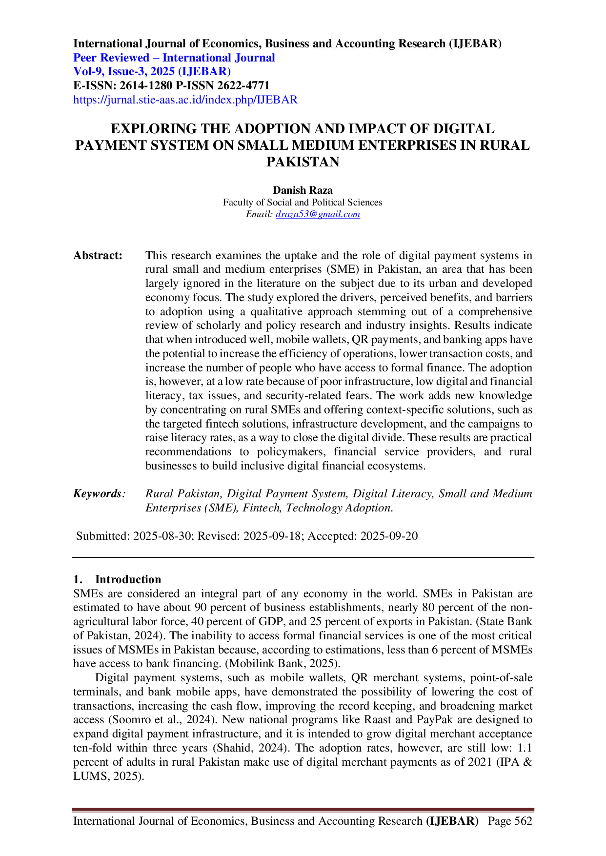 JURIS Exploring the Adoption and Impact of Digital Payment System on Small Medium Enterprises in Rural Pakistan