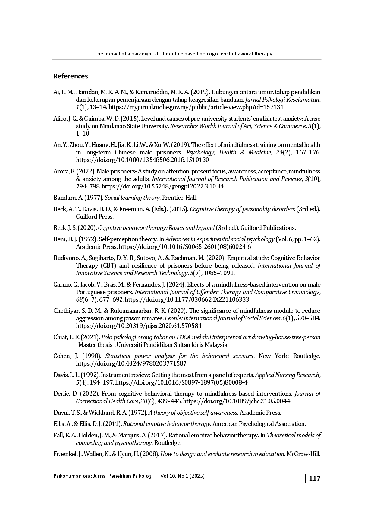 juris The impact of a paradigm shift module based on cognitive behavioral therapy on the subconstructs of self awareness attitude trait and behavior among criminal offenders