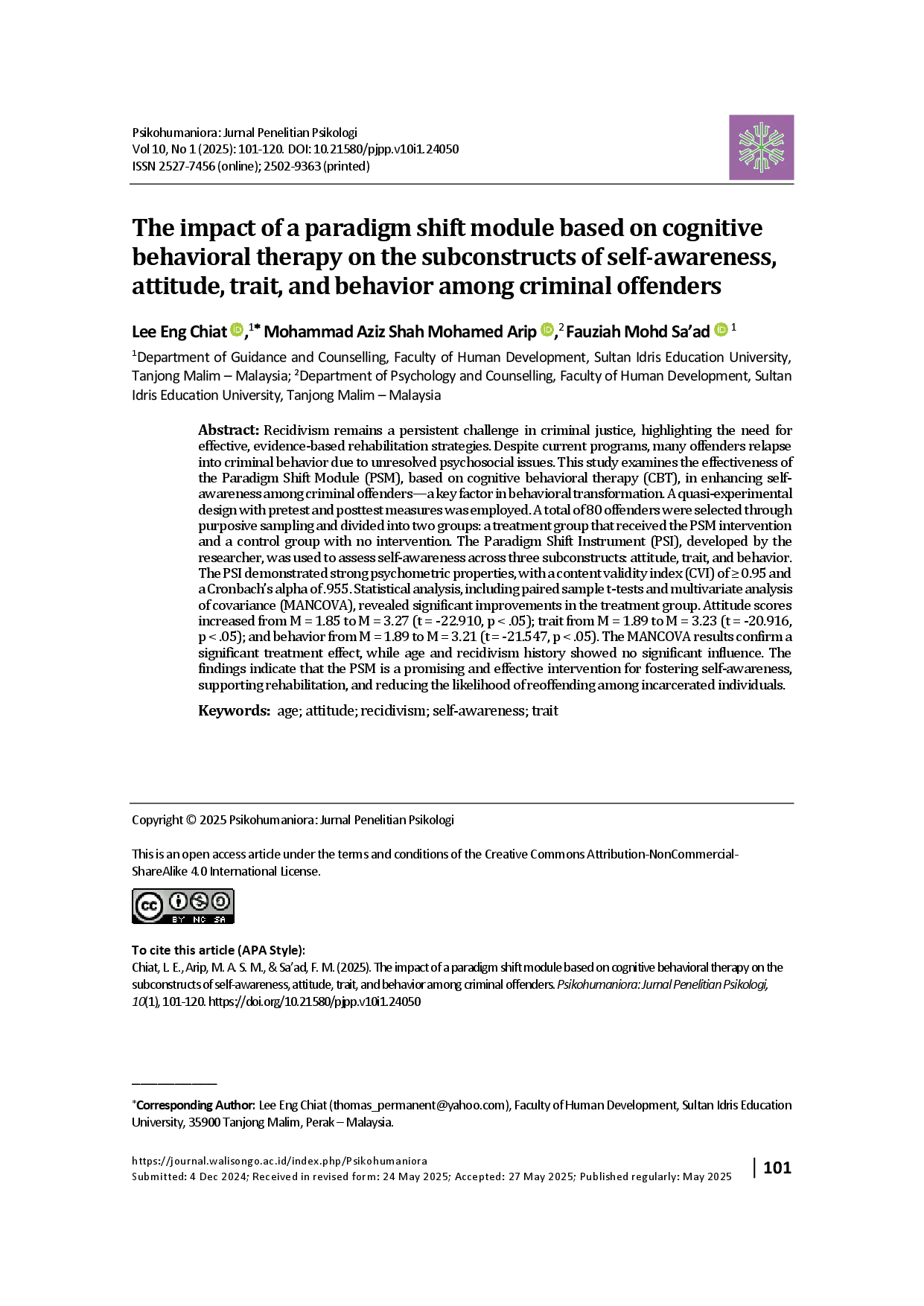 juris The impact of a paradigm shift module based on cognitive behavioral therapy on the subconstructs of self awareness attitude trait and behavior among criminal offenders