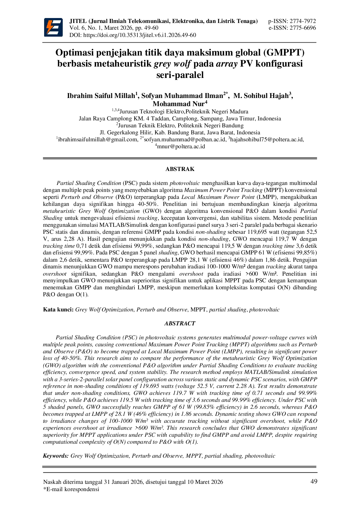 JURIS Optimasi penjejakan titik daya maksimum global GMPPT berbasis metaheuristik grey wolf pada array PV konfigurasi seri paralel