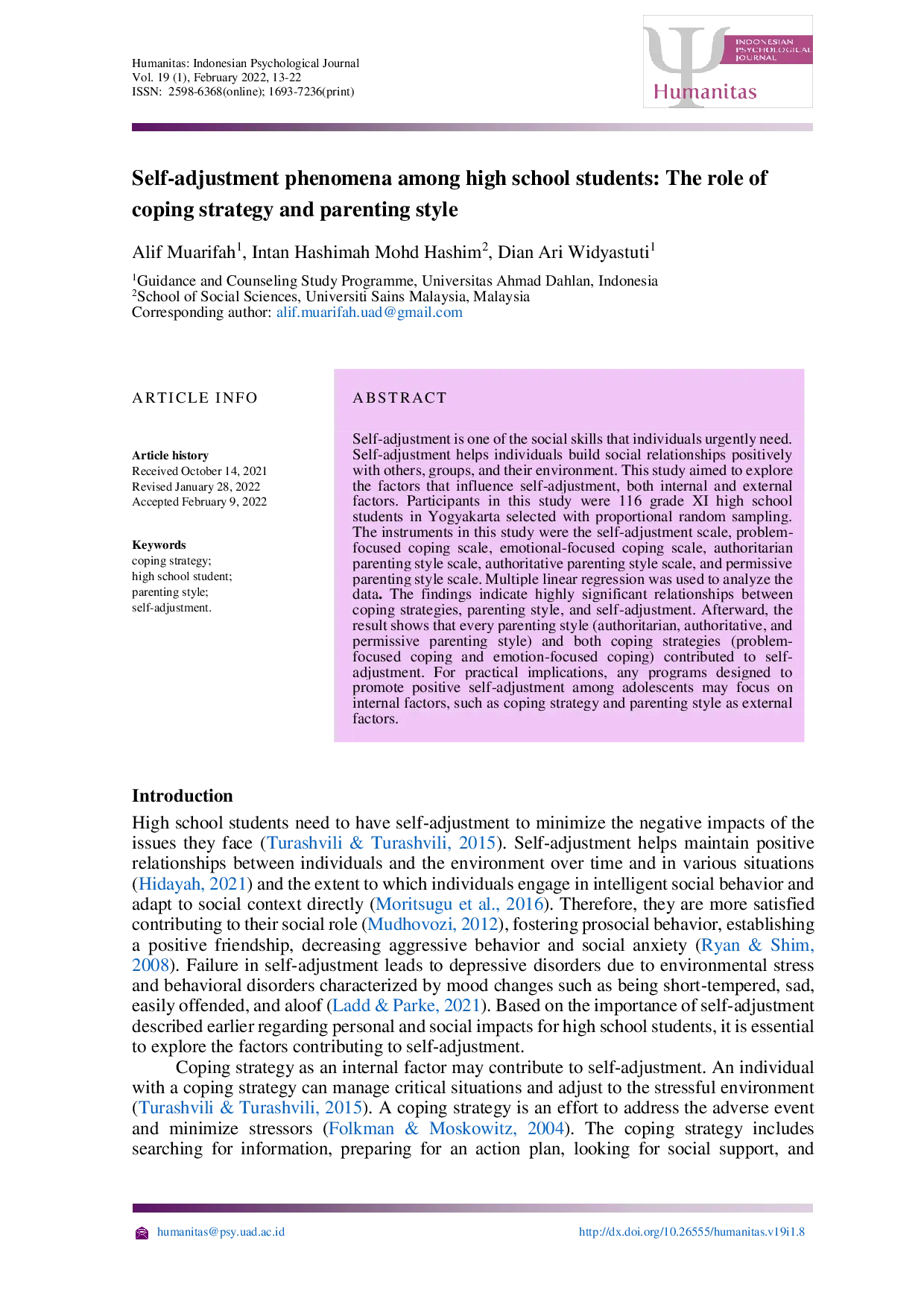 JURIS Self adjustment phenomena among high school students The role of coping strategy and parenting style
