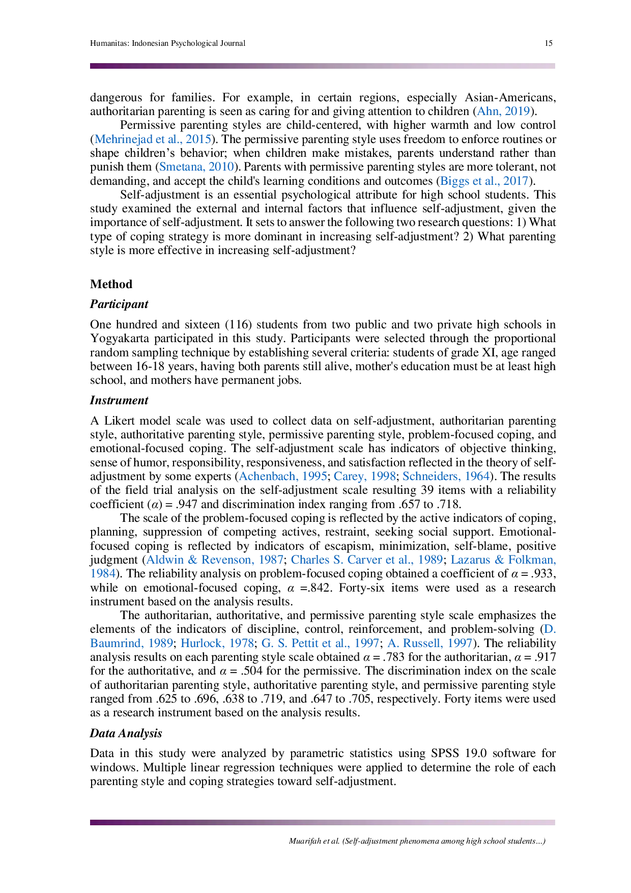 JURIS Self adjustment phenomena among high school students The role of coping strategy and parenting style