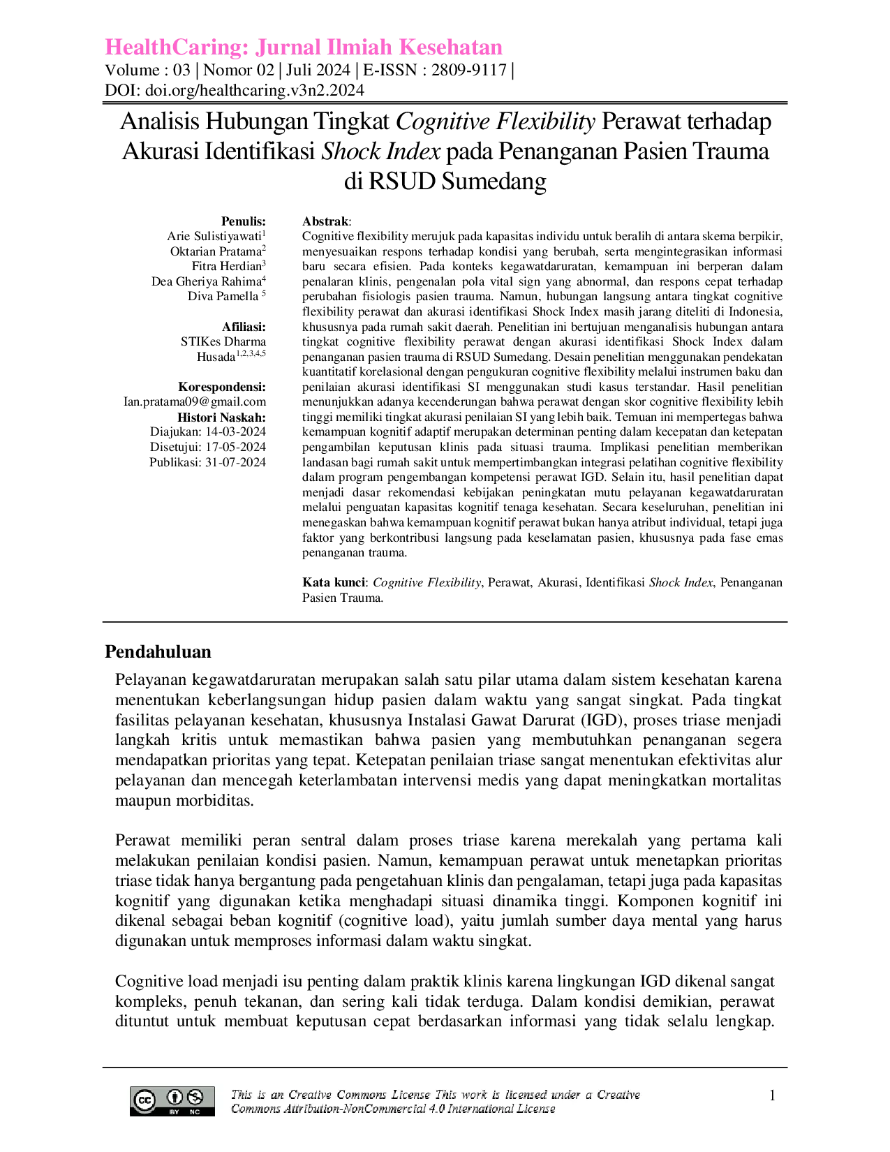 JURIS Analisis Hubungan Tingkat Cognitive Flexibility Perawat terhadap Akurasi Identifikasi Shock Index pada Penanganan Pasien Trauma di RSUD Sumedang