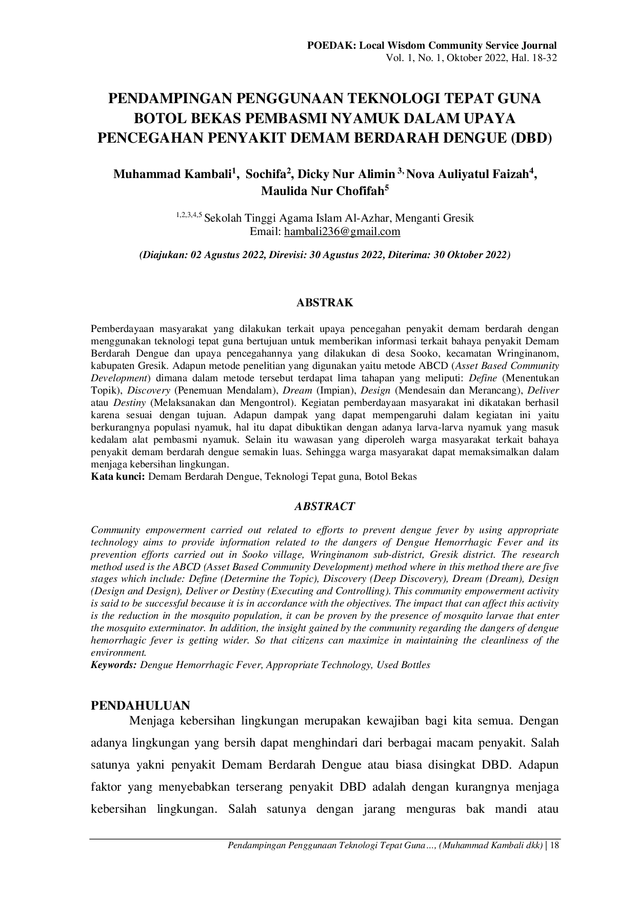 JURIS Pendampingan Penggunaan Teknologi Tepat Guna Botol Bekas Pembasmi Nyamuk Dalam Upaya Pencegahan Penyakit Demam Berdarah Dengue DBD