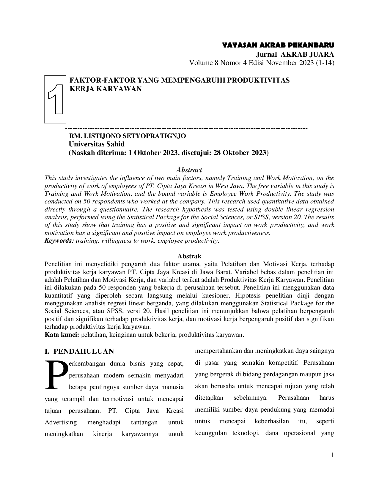 JURIS Faktor Faktor Yang Mempengaruhi Produktivitas Kerja Karyawan