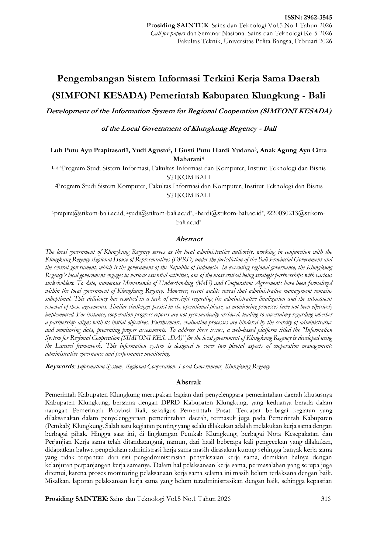 JURIS Pengembangan Sistem Informasi Terkini Kerja Sama Daerah SIMFONI KESADA Pemerintah Kabupaten Klungkung Bali