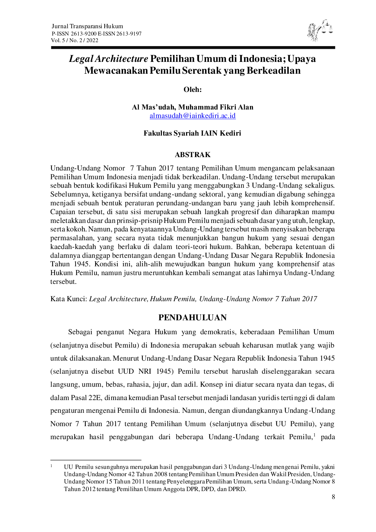 JURIS Legal Architecture Pemilihan Umum di Indonesia Upaya Mewacanakan Pemilu Serentak yang Berkeadilan