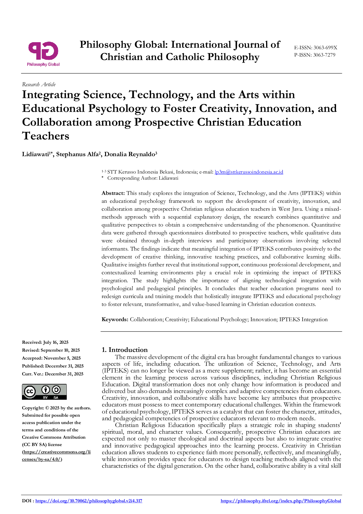 JURIS Integrating Science Technology and the Arts within Educational Psychology to Foster Creativity Innovation and Collaboration among Prospective Christian Education Teachers