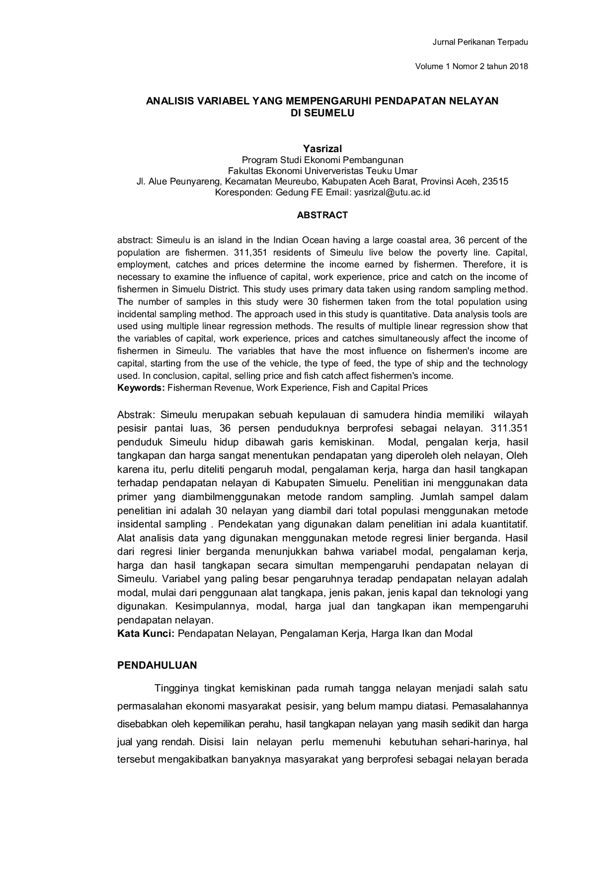 JURIS Analisis Variabel Yang Mempengaruhi Pendapatan Nelayan Di Seumelu