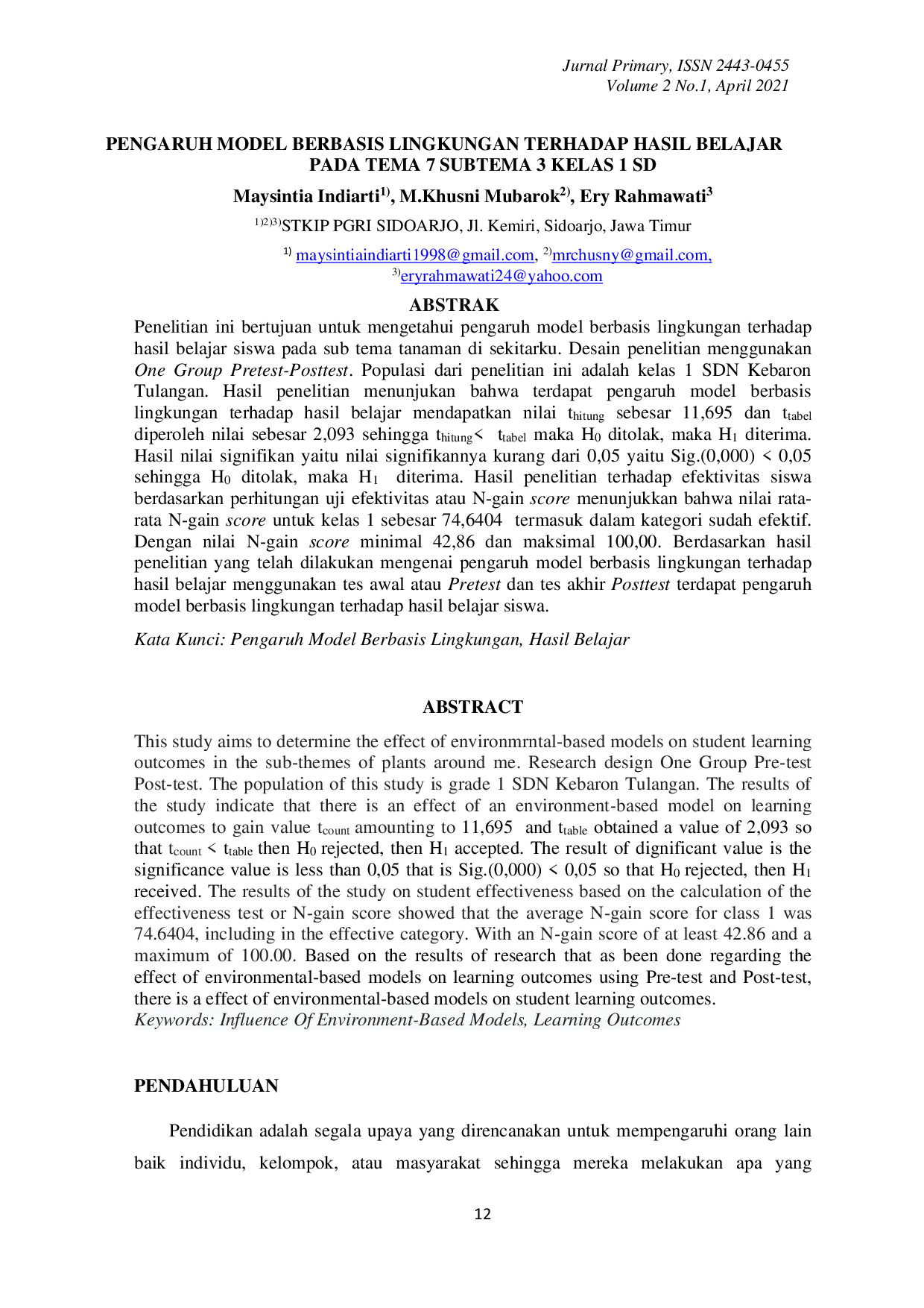 JURIS Pengaruh Model Berbasis Lingkungan Terhadap Hasil Belajar Pada Tema 7 Subtema 3 Kelas 1 Sd