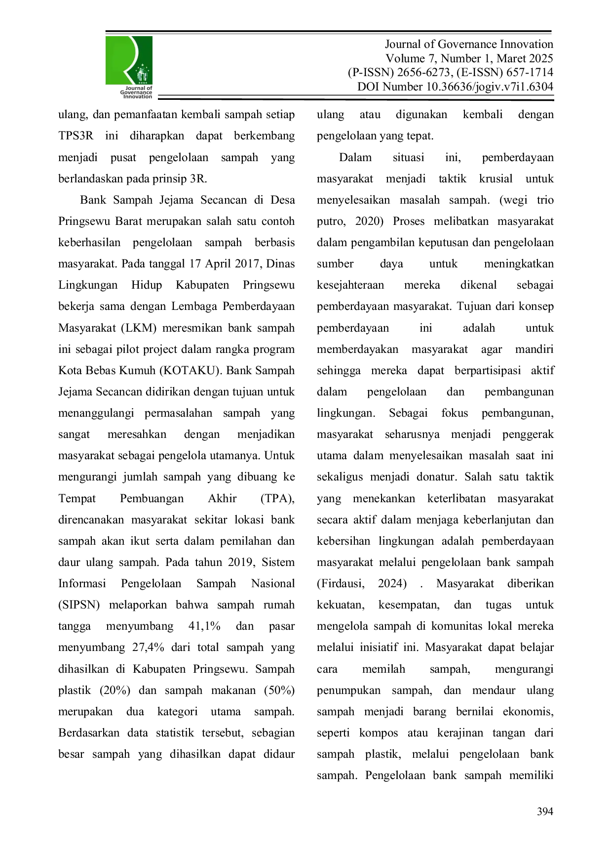 JURIS Strategi Pemberdayaan Masyarakat Melalui Pengelolaan Bank Sampah Untuk Mendukung Pembangunan Berkelanjutan Di Kabupaten Pringsewu