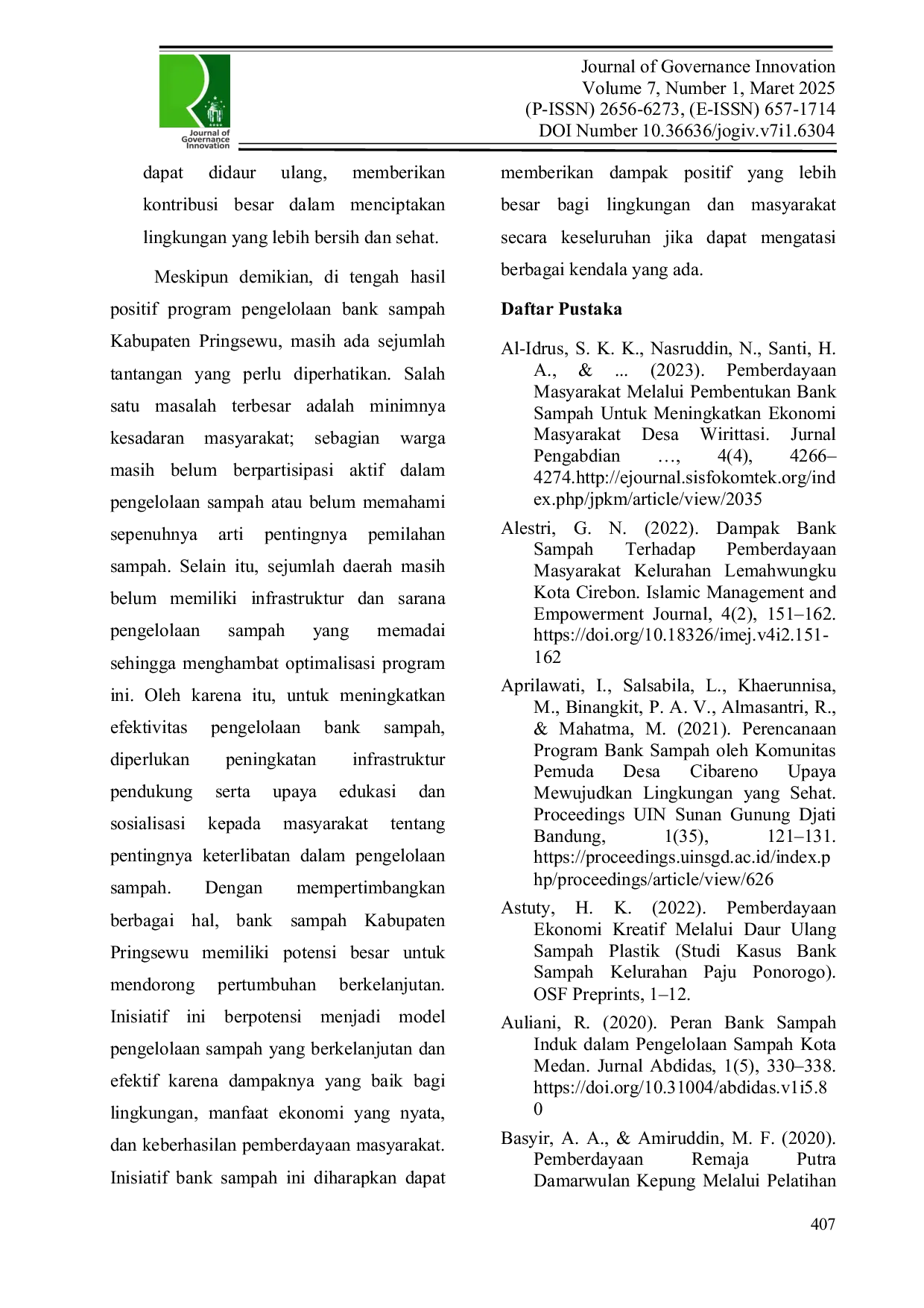 JURIS Strategi Pemberdayaan Masyarakat Melalui Pengelolaan Bank Sampah Untuk Mendukung Pembangunan Berkelanjutan Di Kabupaten Pringsewu