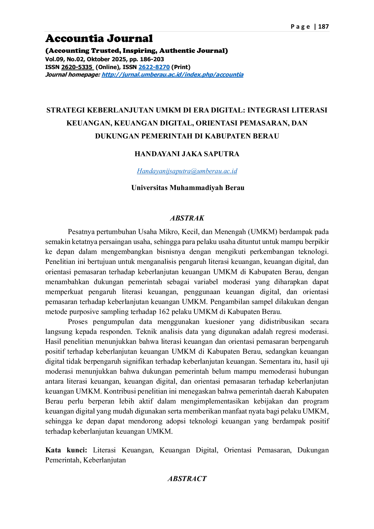 JURIS Strategi Keberlanjutan UMKM di Era Digital Integrasi Literasi Keuangan Keuangan Digital Orientasi Pemasaran dan Dukungan Pemerintah di Kabupaten Berau