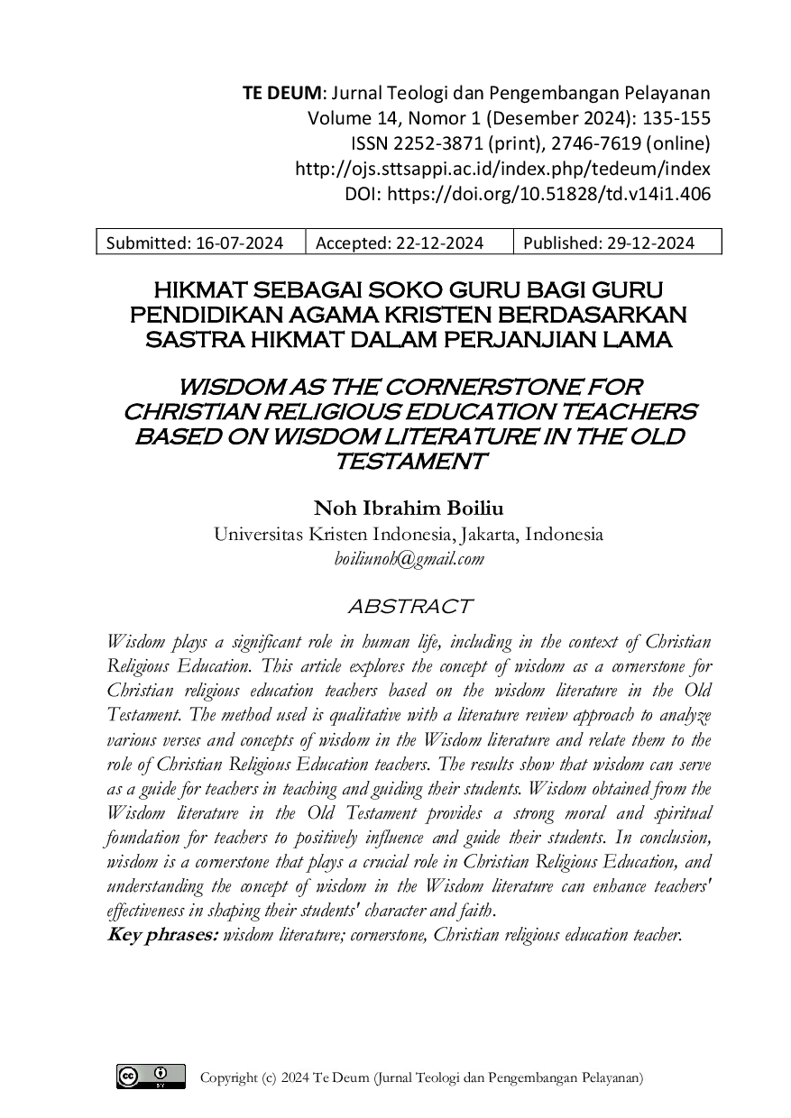 JURIS Hikmat sebagai Soko Guru bagi Guru Pendidikan Agama Kristen Berdasarkan Sastra Hikmat dalam Perjanjian Lama