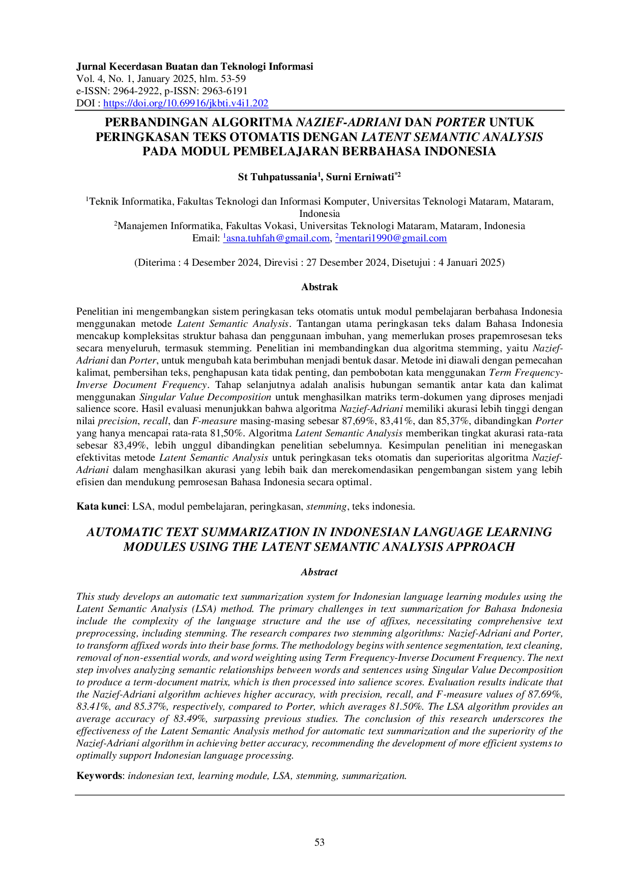 juris Perbandingan Algoritma Nazief Adriani Dan Porter Untuk Peringkasan Teks Otomatis Dengan Latent Semantic Analysis Pada Modul Pembelajaran Berbahasa Indonesia