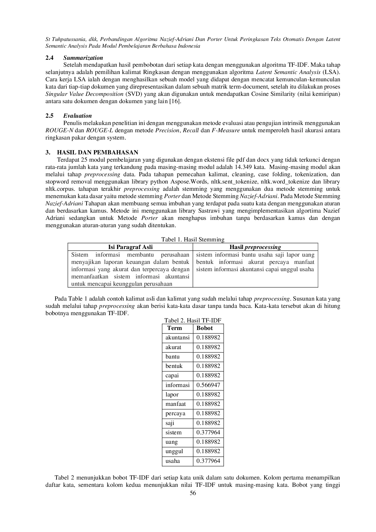 juris Perbandingan Algoritma Nazief Adriani Dan Porter Untuk Peringkasan Teks Otomatis Dengan Latent Semantic Analysis Pada Modul Pembelajaran Berbahasa Indonesia