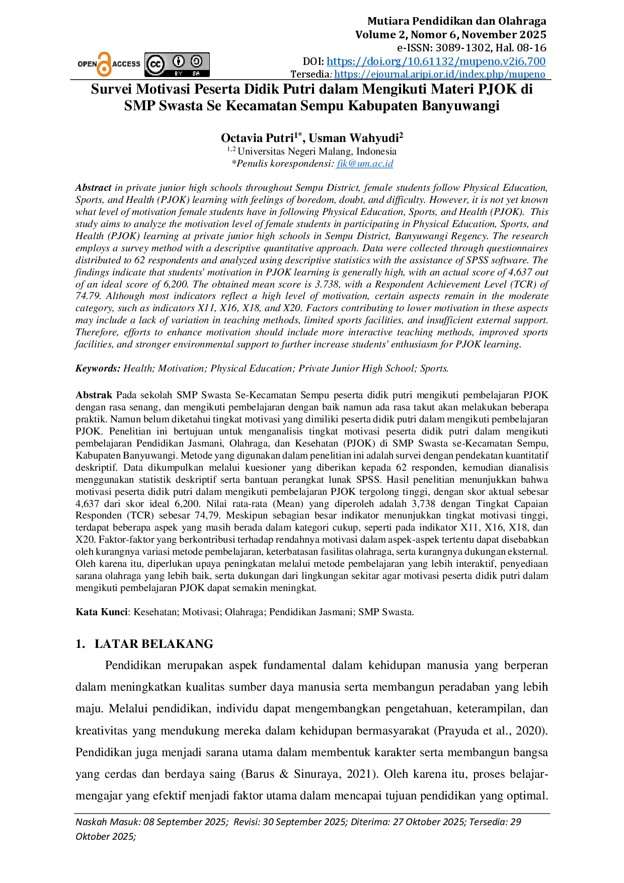 juris Survei Motivasi Peserta Didik Putri dalam Mengikuti Materi PJOK di SMP Swasta Se Kecamatan Sempu Kabupaten Banyuwangi