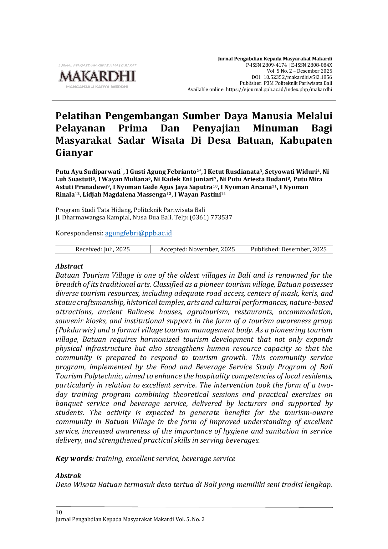JURIS Pelatihan Pengembangan Sumber Daya Manusia Melalui Pelayanan Prima Dan Penyajian Minuman Bagi Masyarakat Sadar Wisata Di Desa Batuan Kabupaten Gianyar