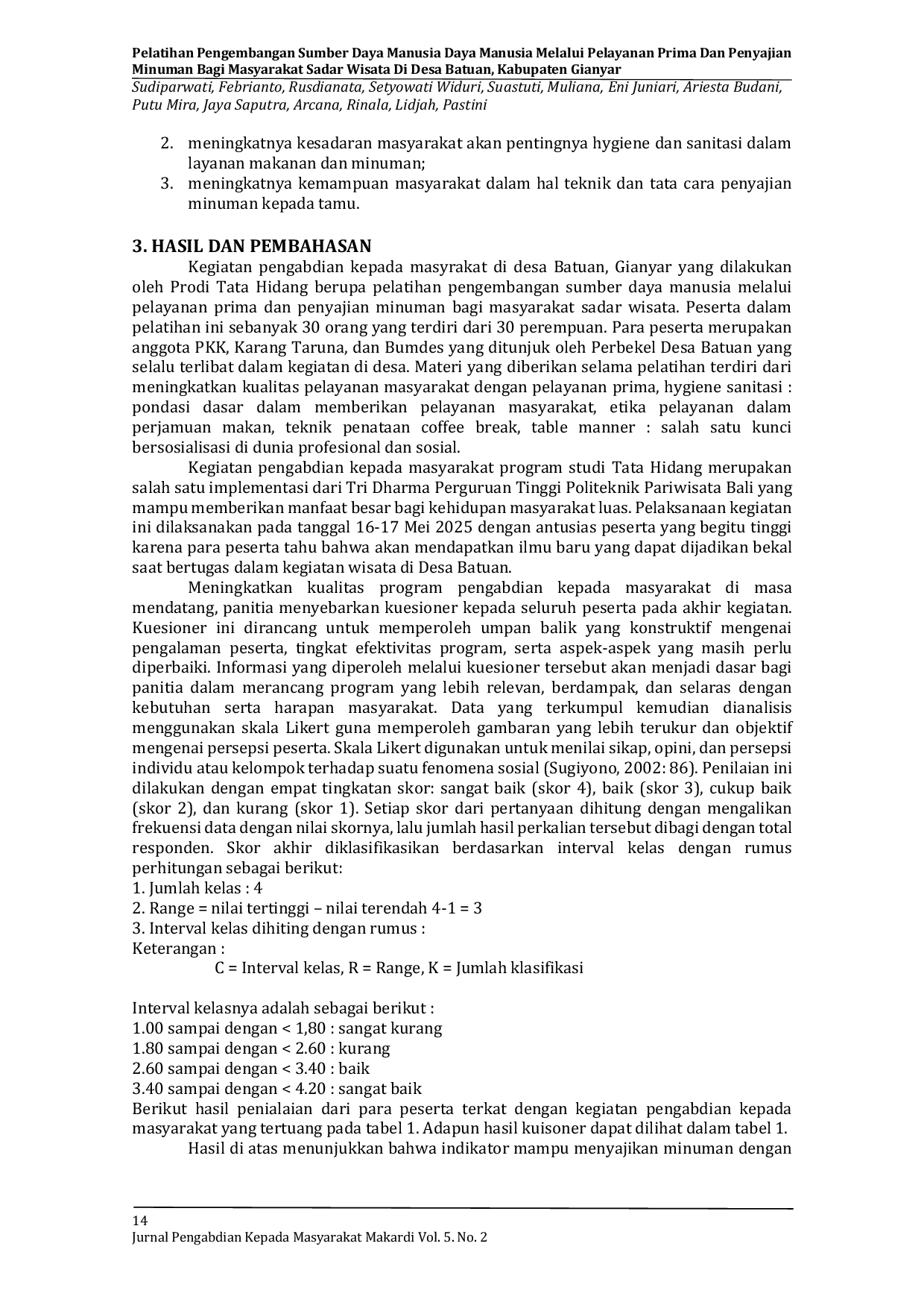 JURIS Pelatihan Pengembangan Sumber Daya Manusia Melalui Pelayanan Prima Dan Penyajian Minuman Bagi Masyarakat Sadar Wisata Di Desa Batuan Kabupaten Gianyar